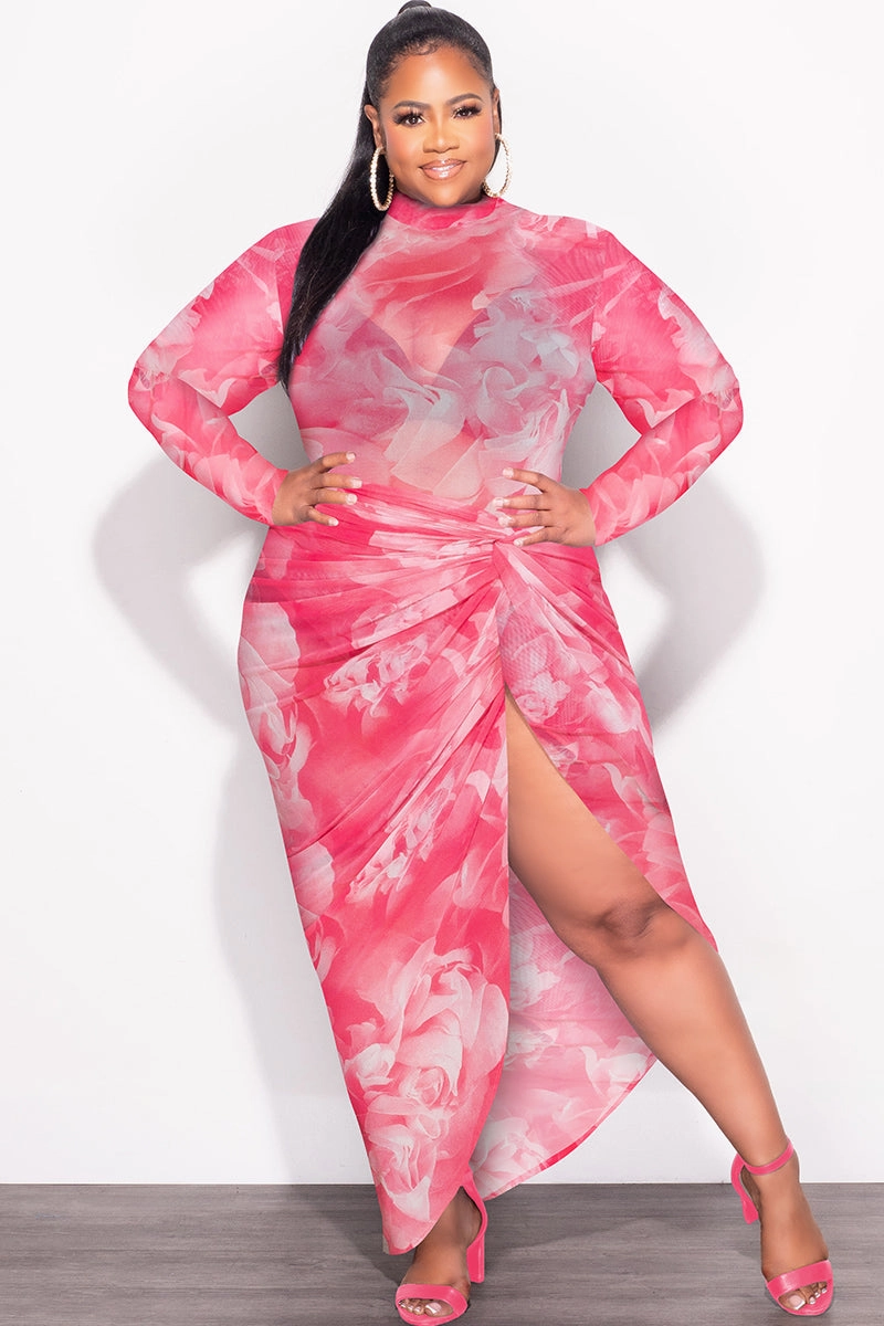 Final Sale Plus Size 2-Pc Mesh Set with Bodysuit & High Split Skirt in Pink Floral Print Ultra Soft Inner Layer Comfort Control
