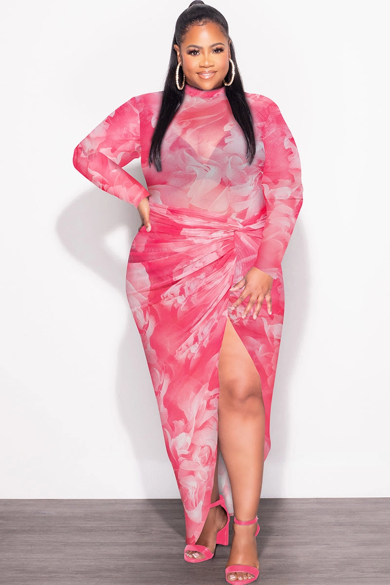 Final Sale Plus Size 2-Pc Mesh Set with Bodysuit & High Split Skirt in Pink Floral Print Casual Comfort Fit