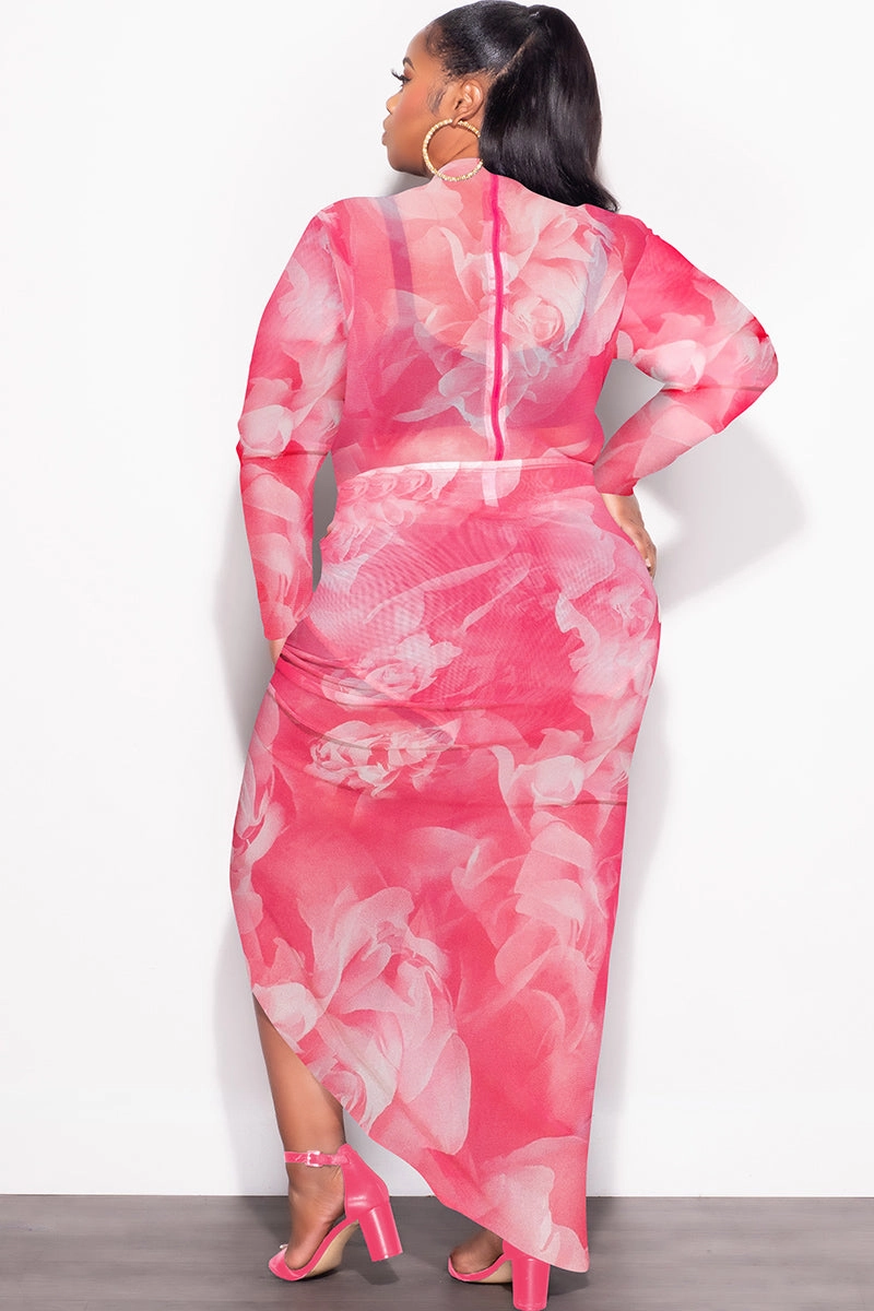 Final Sale Plus Size 2-Pc Mesh Set with Bodysuit & High Split Skirt in Pink Floral Print Classy Fit