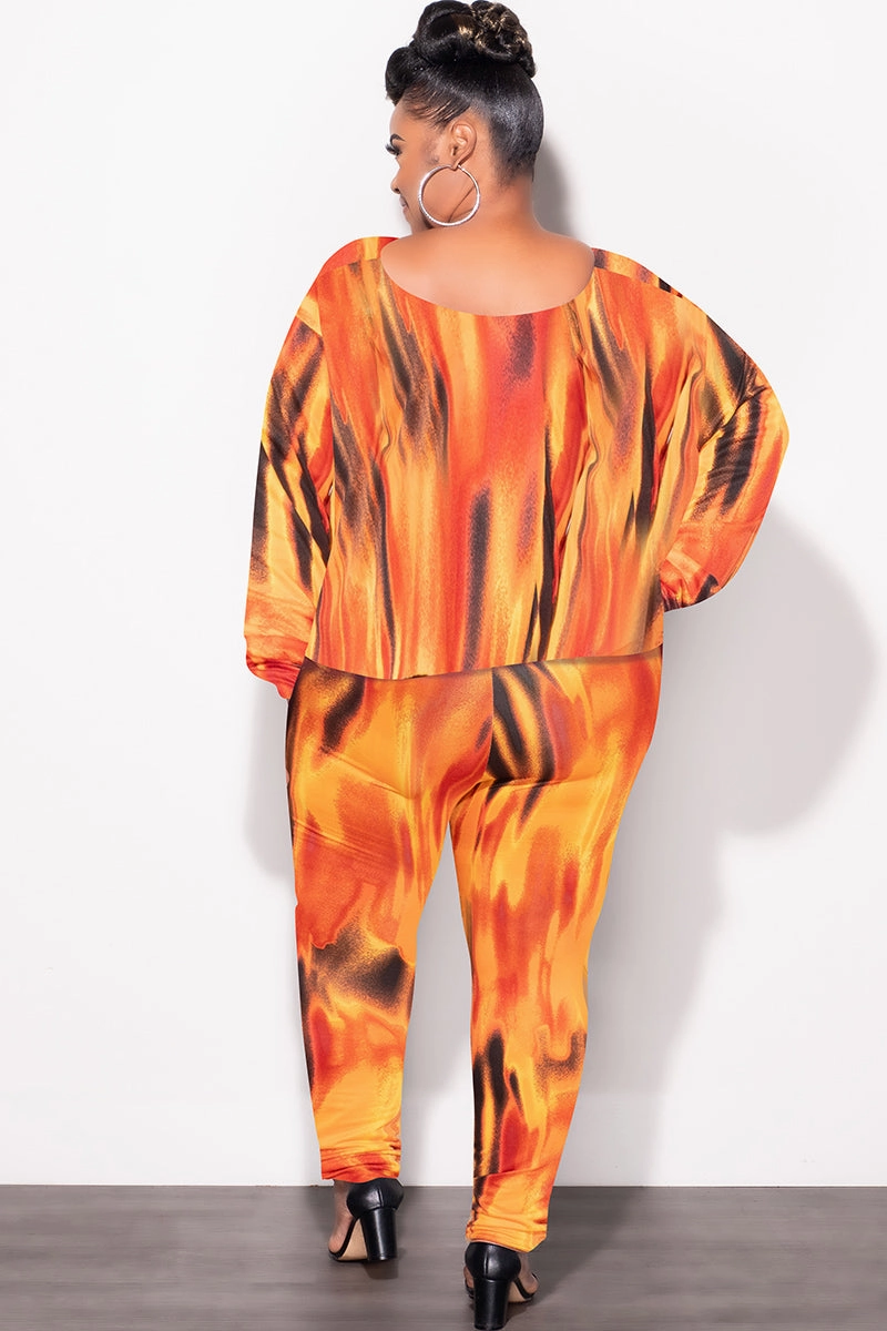Final Sale Plus Size 2pc Set Top & Pants in Orange, Yellow & Black Print Fall Relaxed Comfort Wear Durable Seam Construction