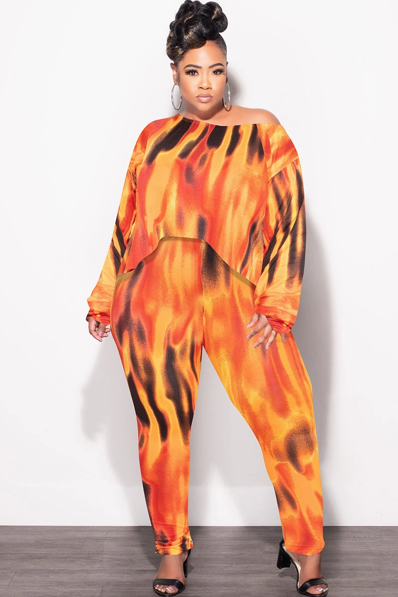 Layered Protection Final Sale Plus Size 2pc Set Top & Pants in Orange, Yellow & Black Print Fall
