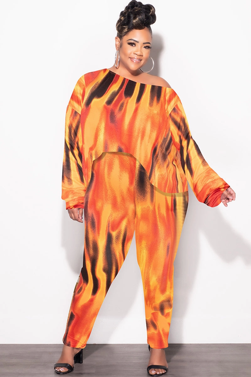 Final Sale Plus Size 2pc Set Top & Pants in Orange, Yellow & Black Print Fall Comfortable Fit Wear