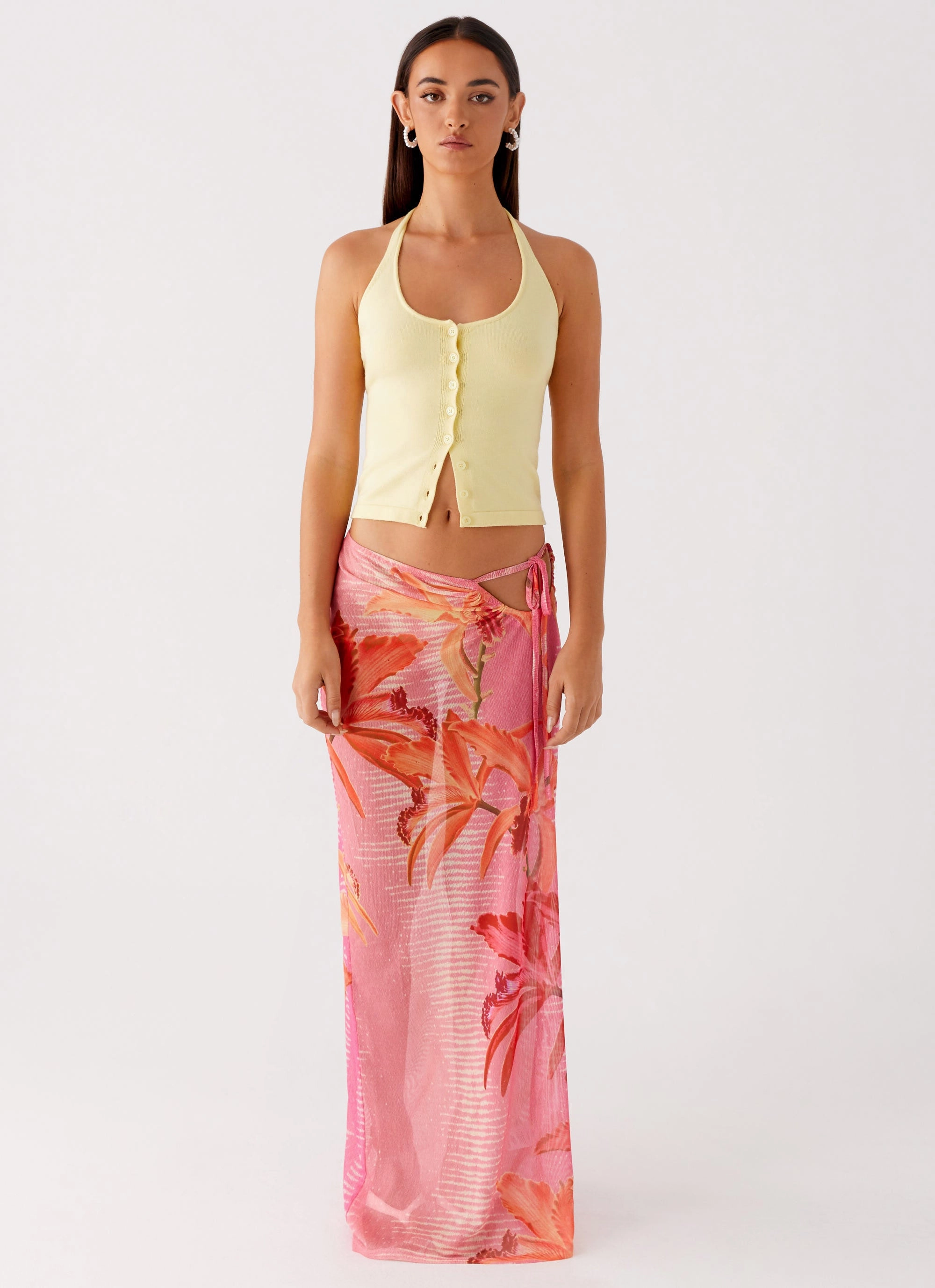 Jovani Maxi Skirt - Tropical Pink Print Fitted Design
