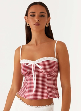 Palmer Ruffle Bustier Top - Red Gingham SunProtective SleevelessOption