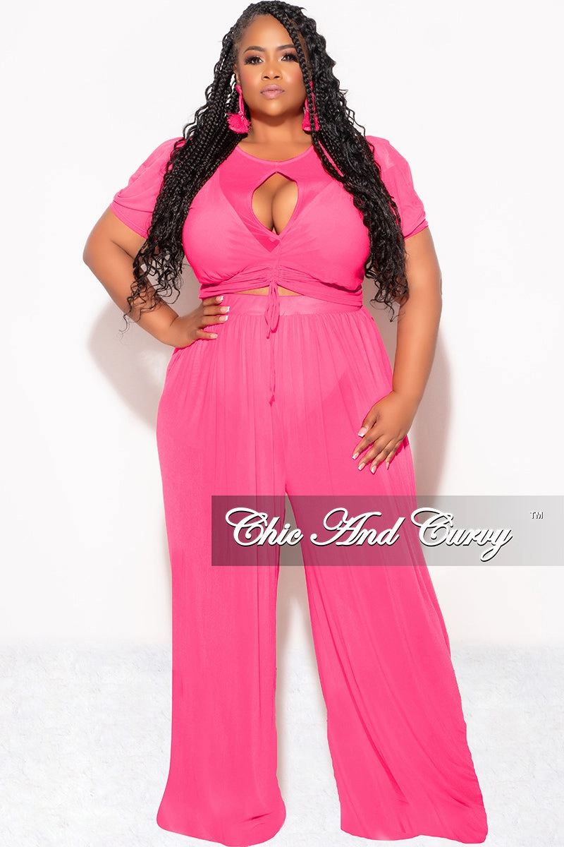 Final Sale Plus Size Mesh (See Through) 3pc Set Top, Bralette, & Pant with Briefs in Fuchsia Lightweight Fabric SecureCargoPockets