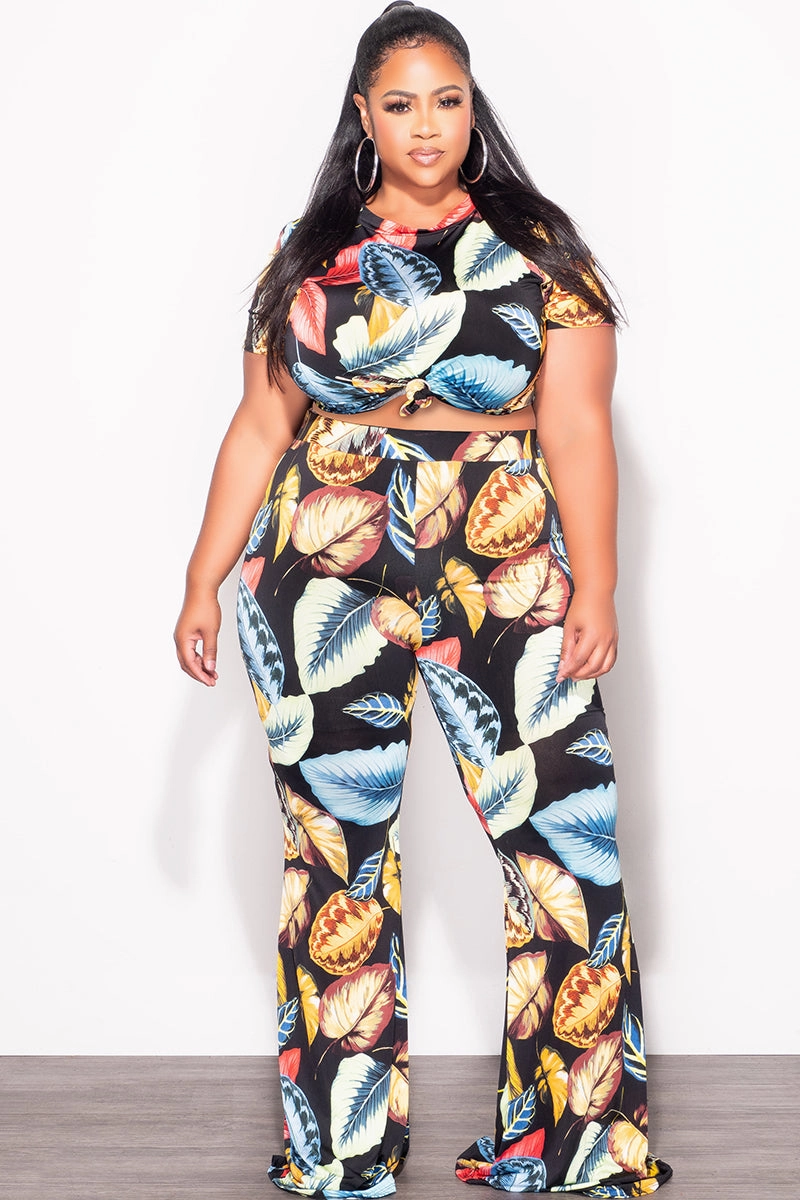 Final Sale Plus Size 2pc (Knotted Top & Palazzo Pants) Set in Black Palm Print hypoallergenic material