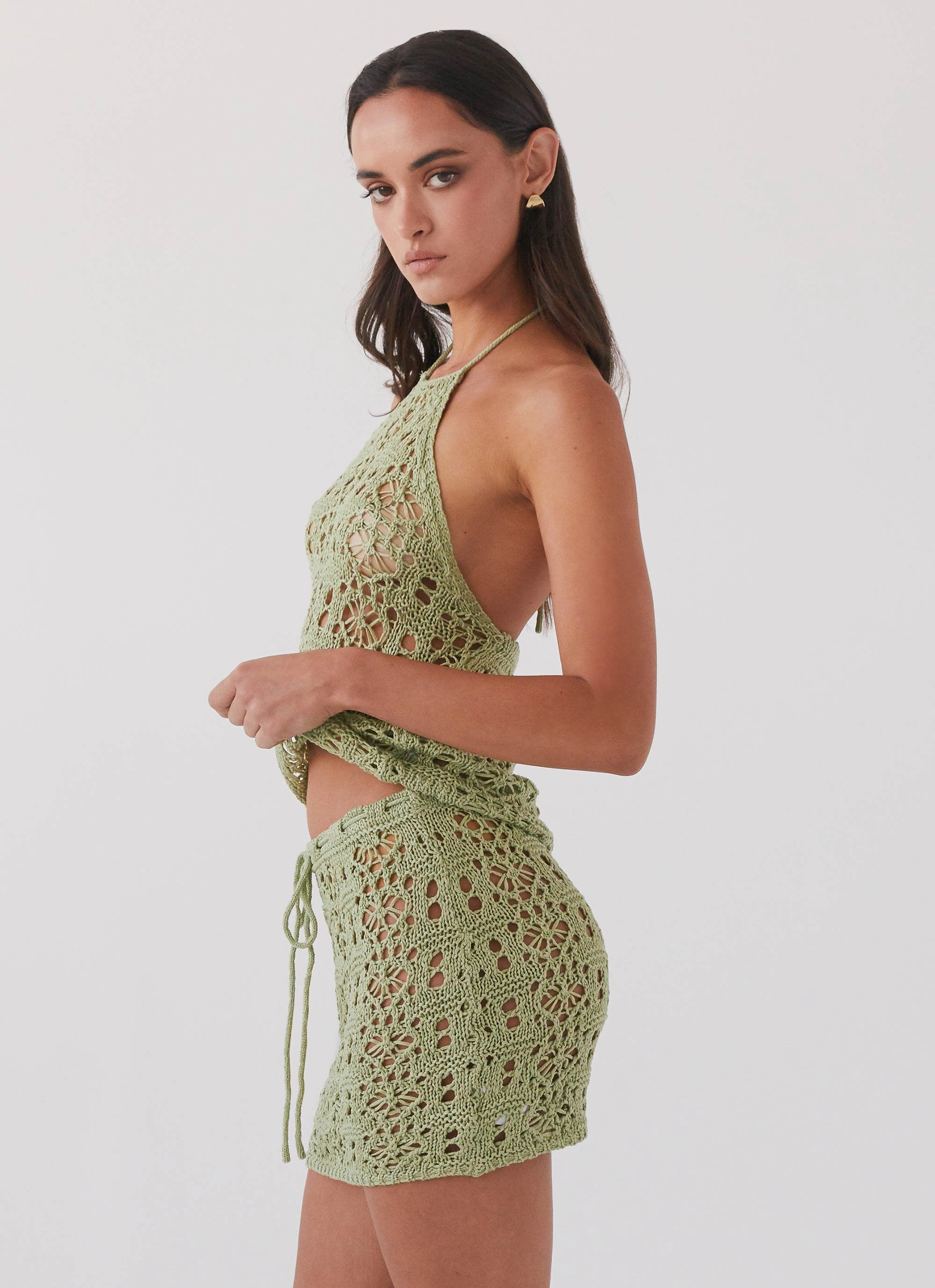 Sleek Outer Autumn Vibe Free Mind Crochet Mini Skirt - Light Olive