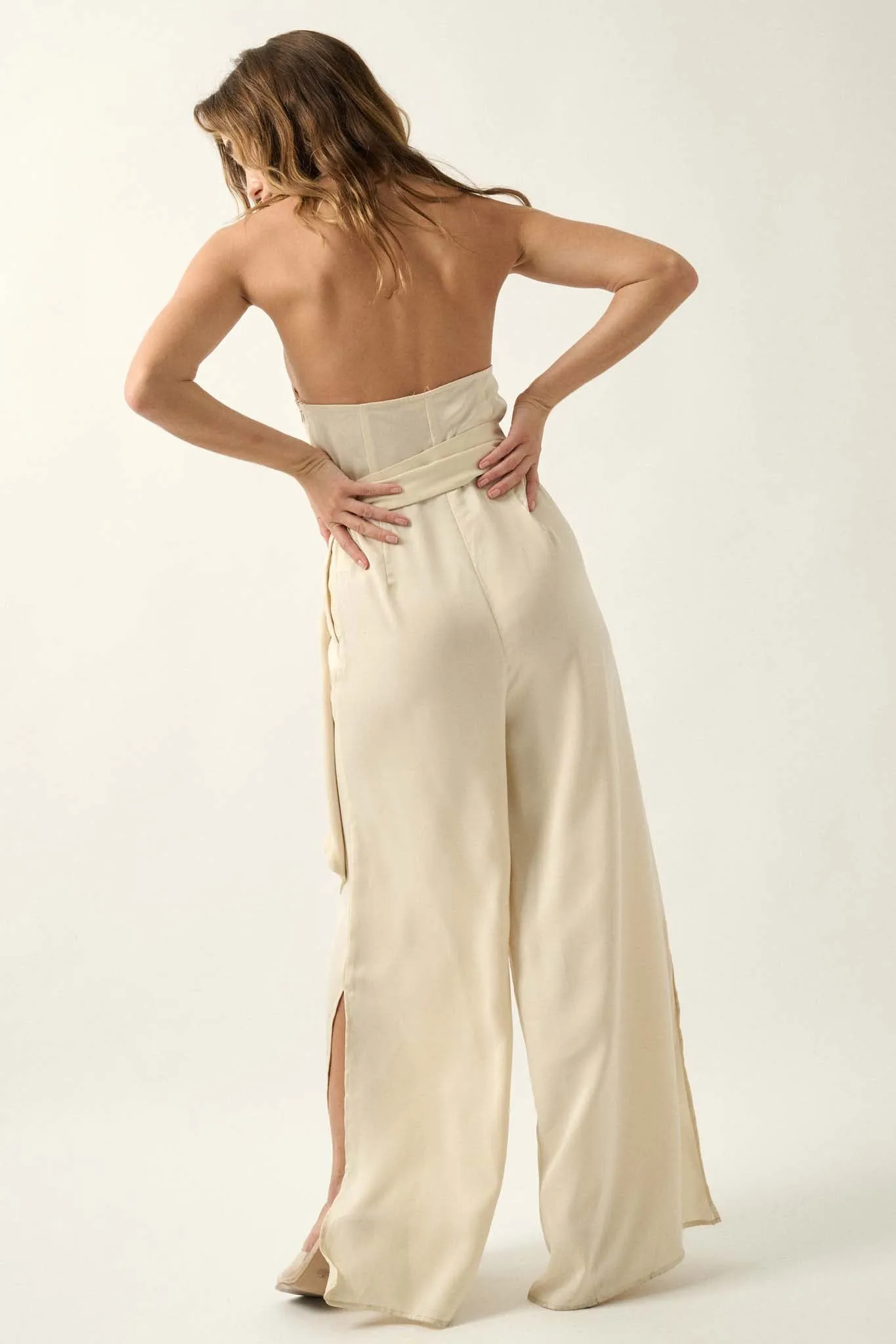 Style Icon Satin Belted Wide-Leg Halter Jumpsuit