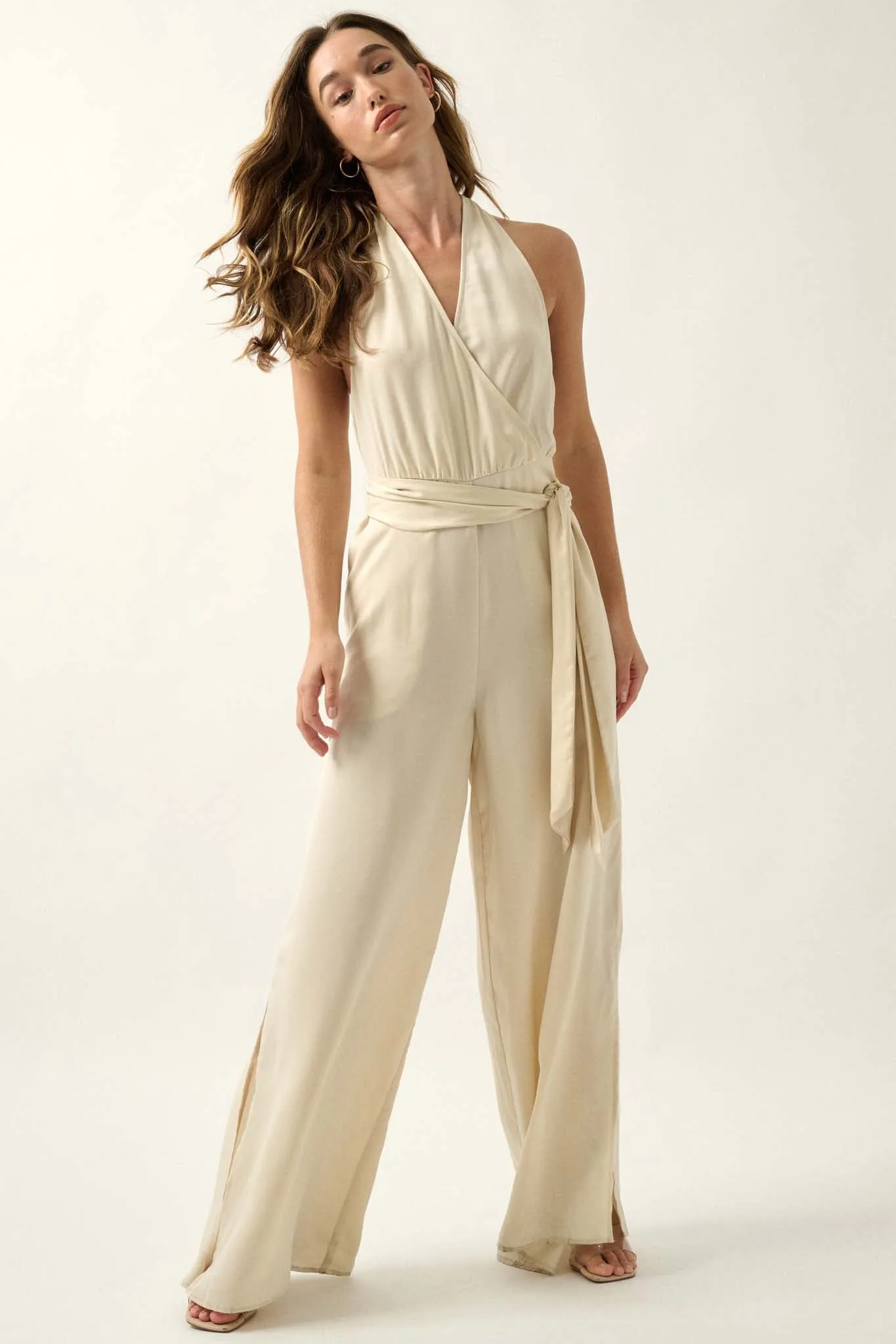 Style Icon Satin Belted Wide-Leg Halter Jumpsuit