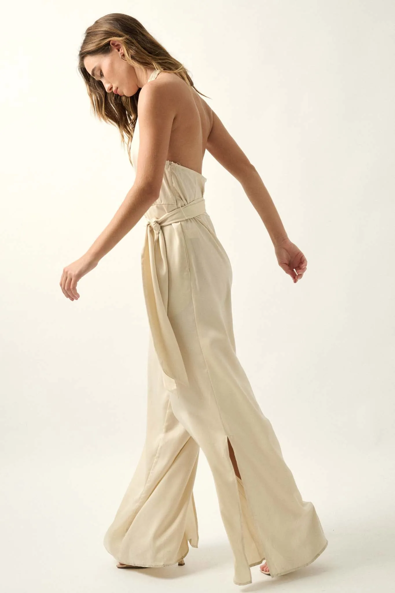 Style Icon Satin Belted Wide-Leg Halter Jumpsuit