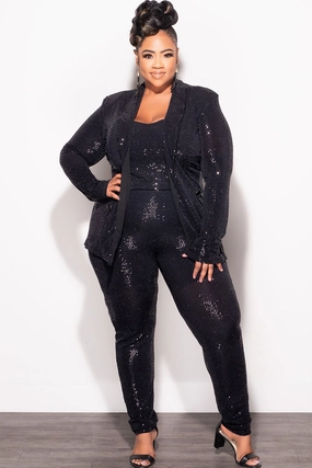 Final Sale Plus Size 3pc Confetti Dot Knit Sequin Pant Set in Black (Tapered Leg) Temperature Regulating Fabric