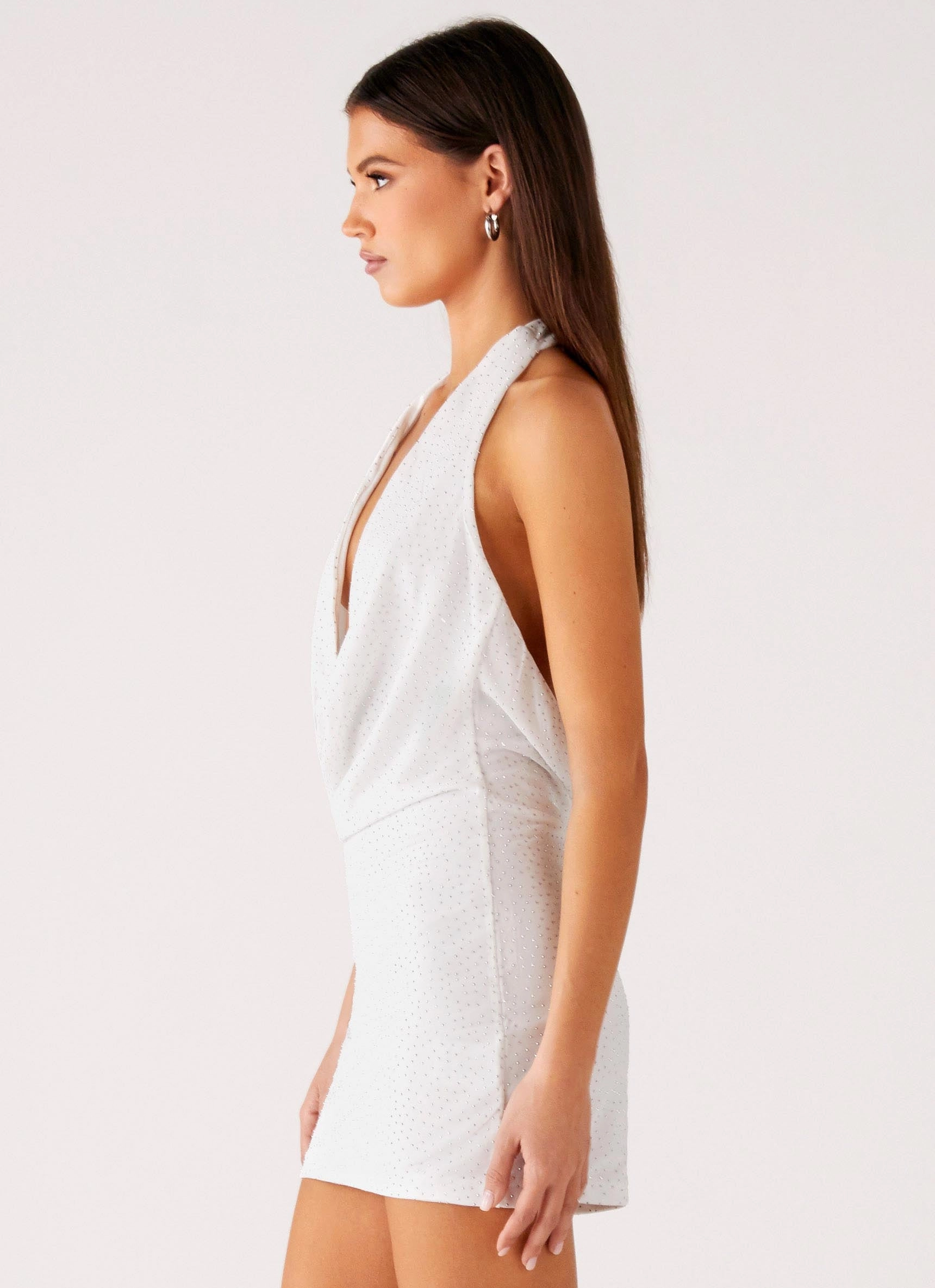 Decorative-Design Refined Stitch Back Cut Out Beaded Sequins Mini Dress - Ivory