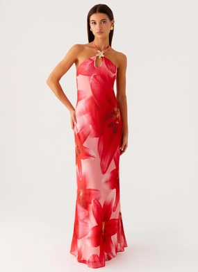 Side Tie Vatiana Chiffon Maxi Dress - Peach Watermelon Flower