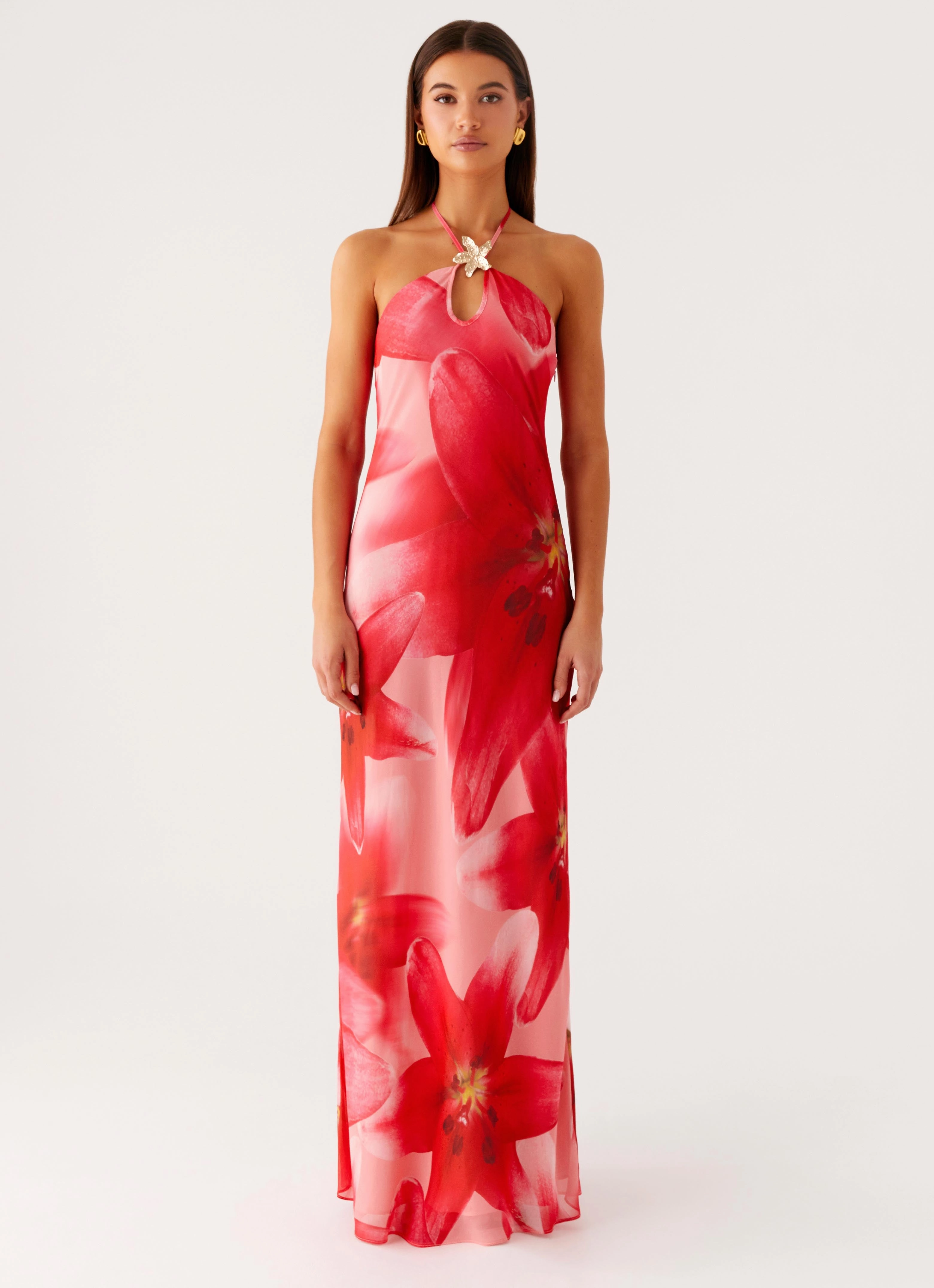 Japan Line Work Ready Vatiana Chiffon Maxi Dress - Peach Watermelon Flower