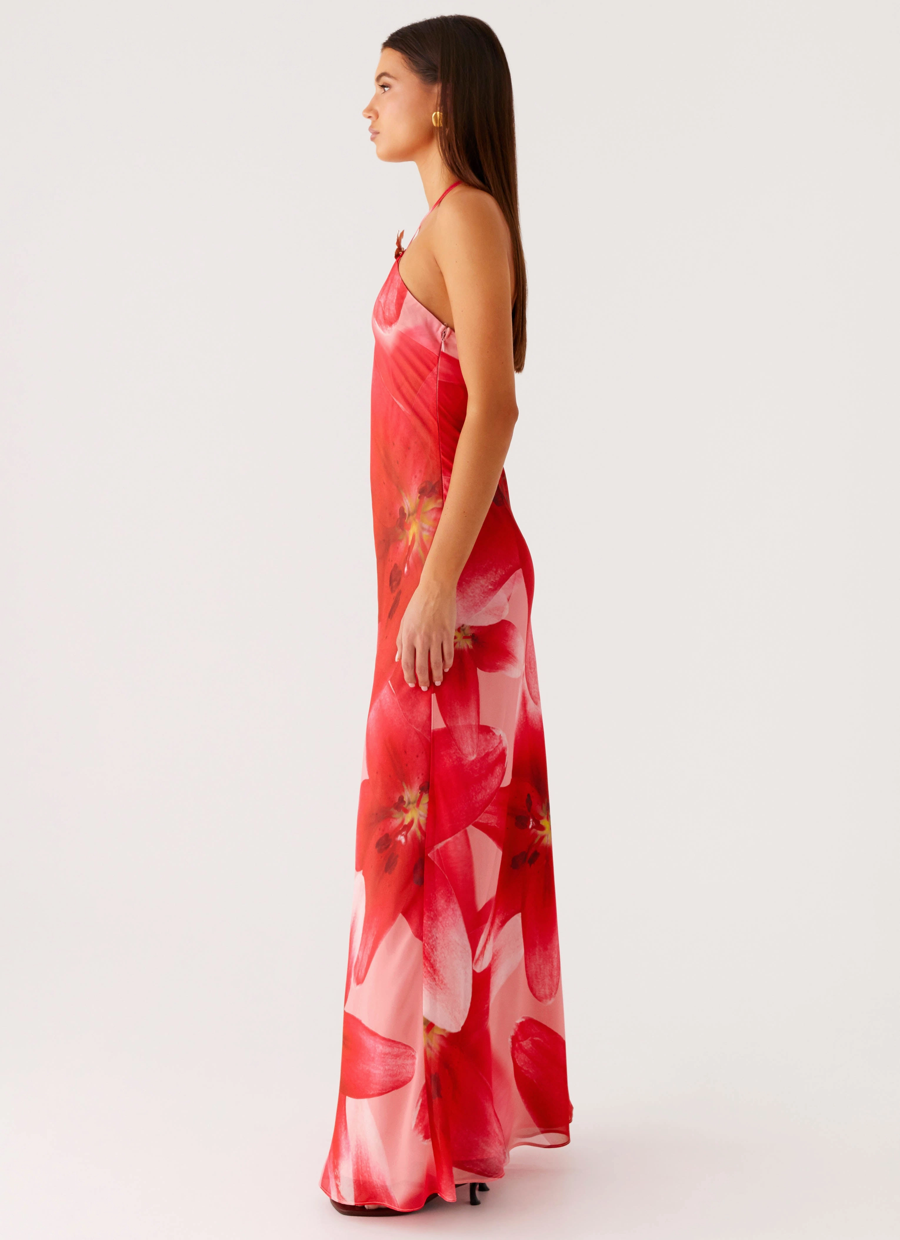 Vatiana Chiffon Maxi Dress - Peach Watermelon Flower Gemstone-Detail Work Friendly