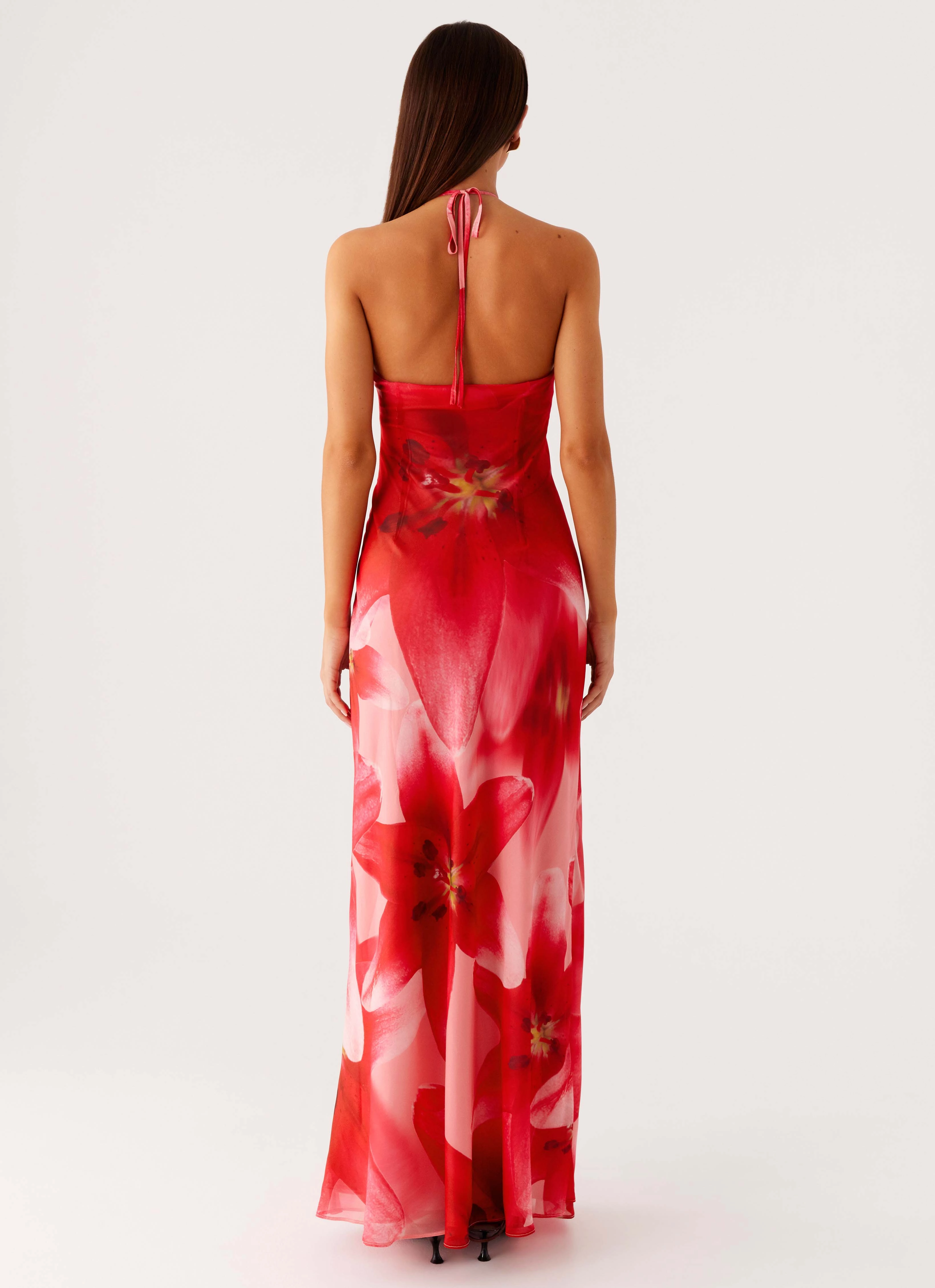 Vatiana Chiffon Maxi Dress - Peach Watermelon Flower Relaxed Fit Design