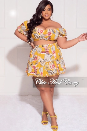 Organic Cotton Soft Texture Final Sale Plus Size 2pc Off the Shoulder Crop Top and Skirt Set in Mustard Floral Print