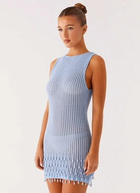 Smooth Line Miracle Beaded Crochet Mini Dress - Blue