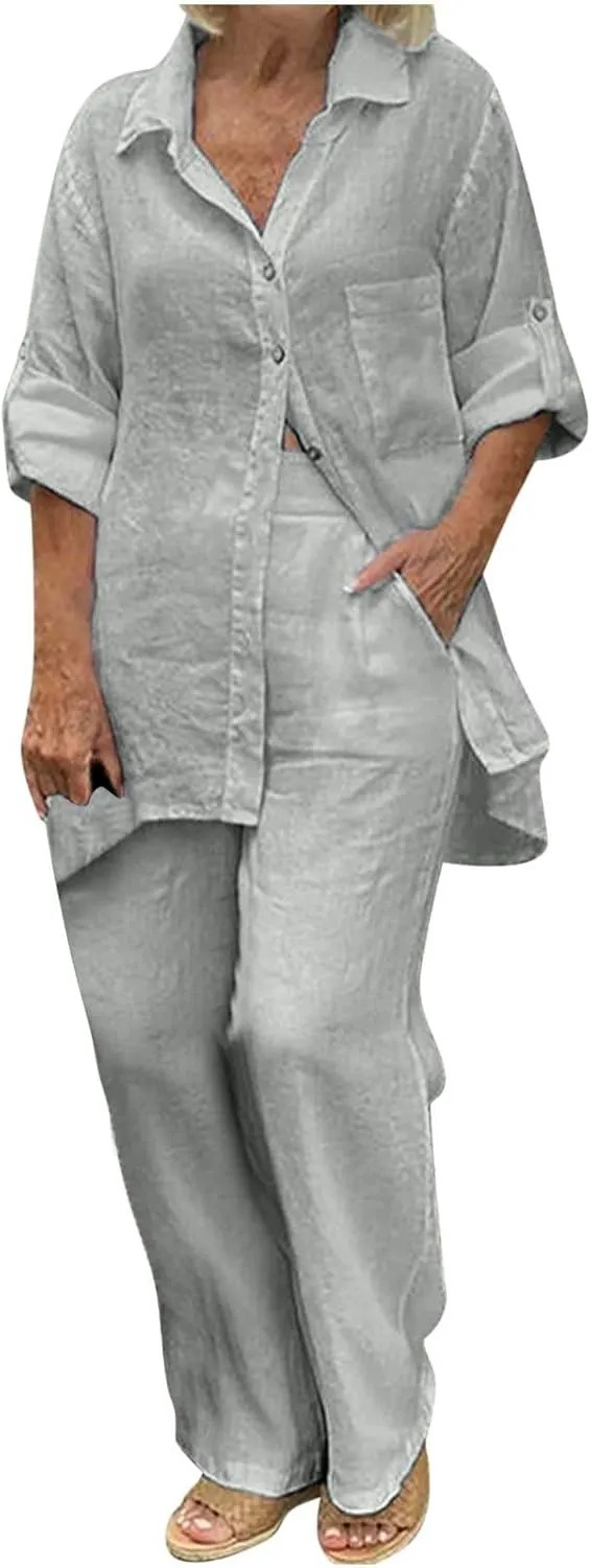 Summer Cotton Linen 2 Piece Outfits for Women Casual Long Sleeve Tshirts Top and Long Pants Business Work Suits