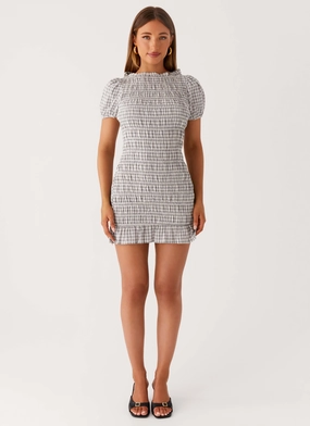 Weekend Feel Millicent Ruched Mini Dress - Grey Check