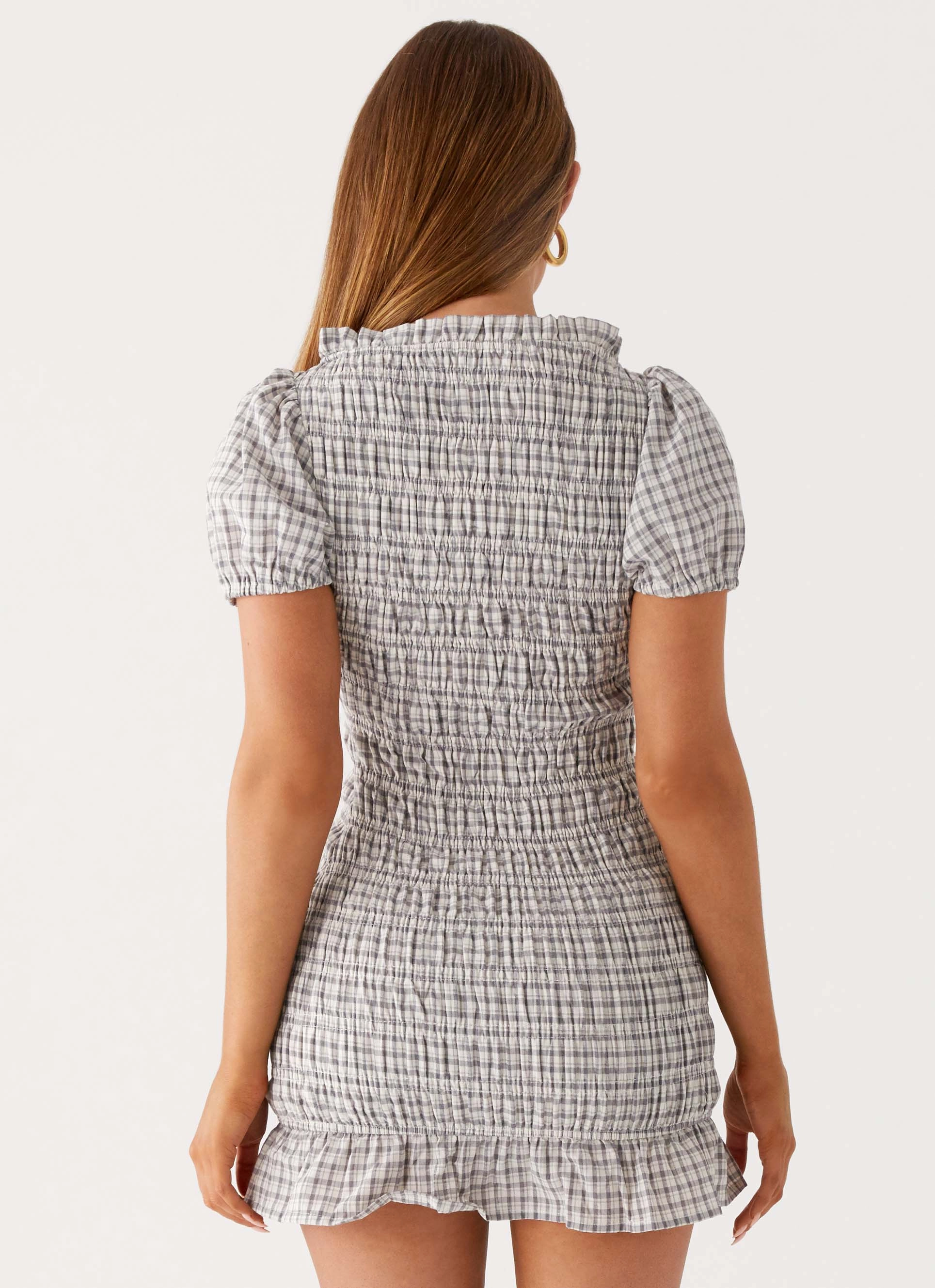 Tulle-Overlay Millicent Ruched Mini Dress - Grey Check