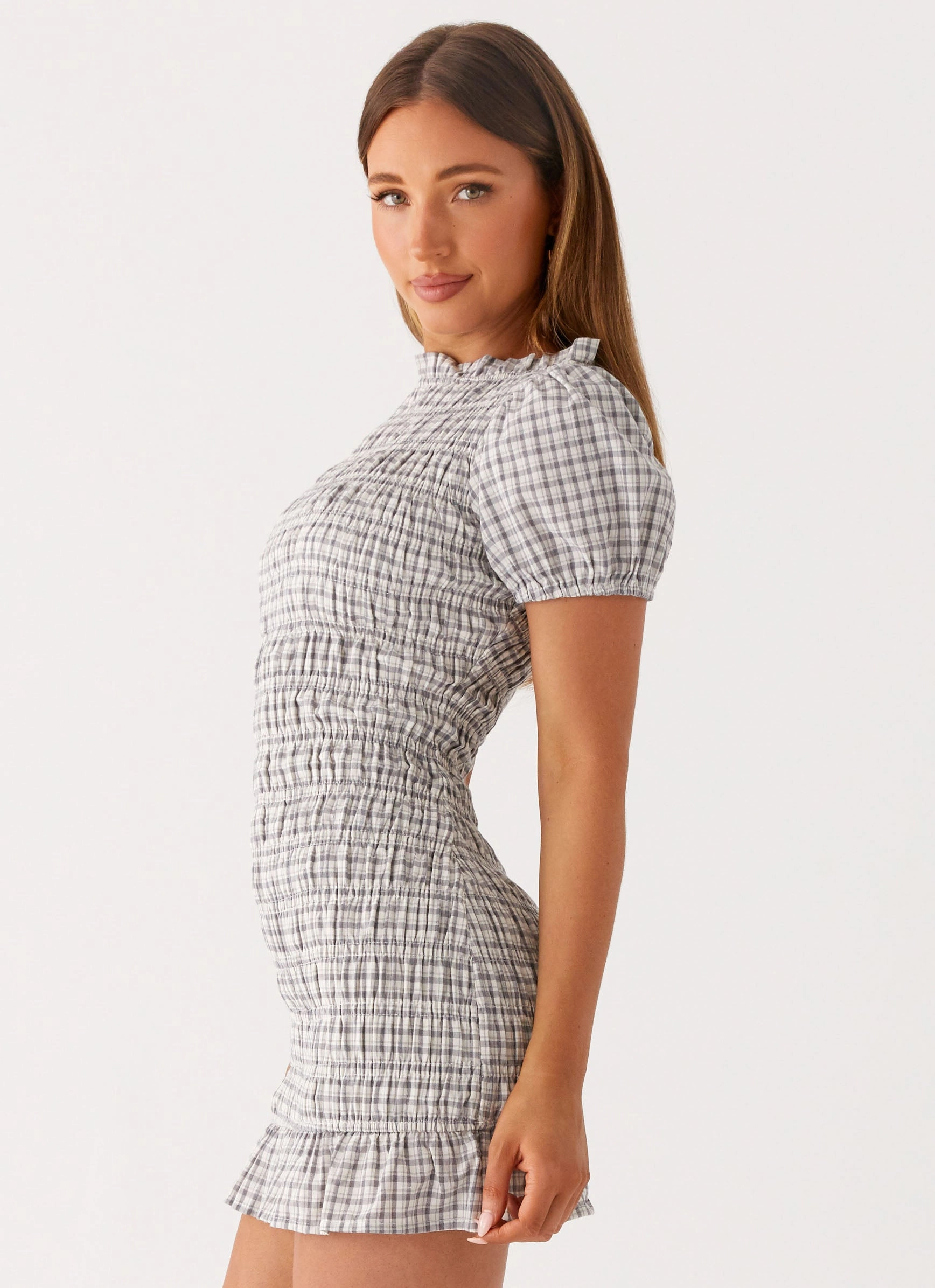Chill Moment Millicent Ruched Mini Dress - Grey Check