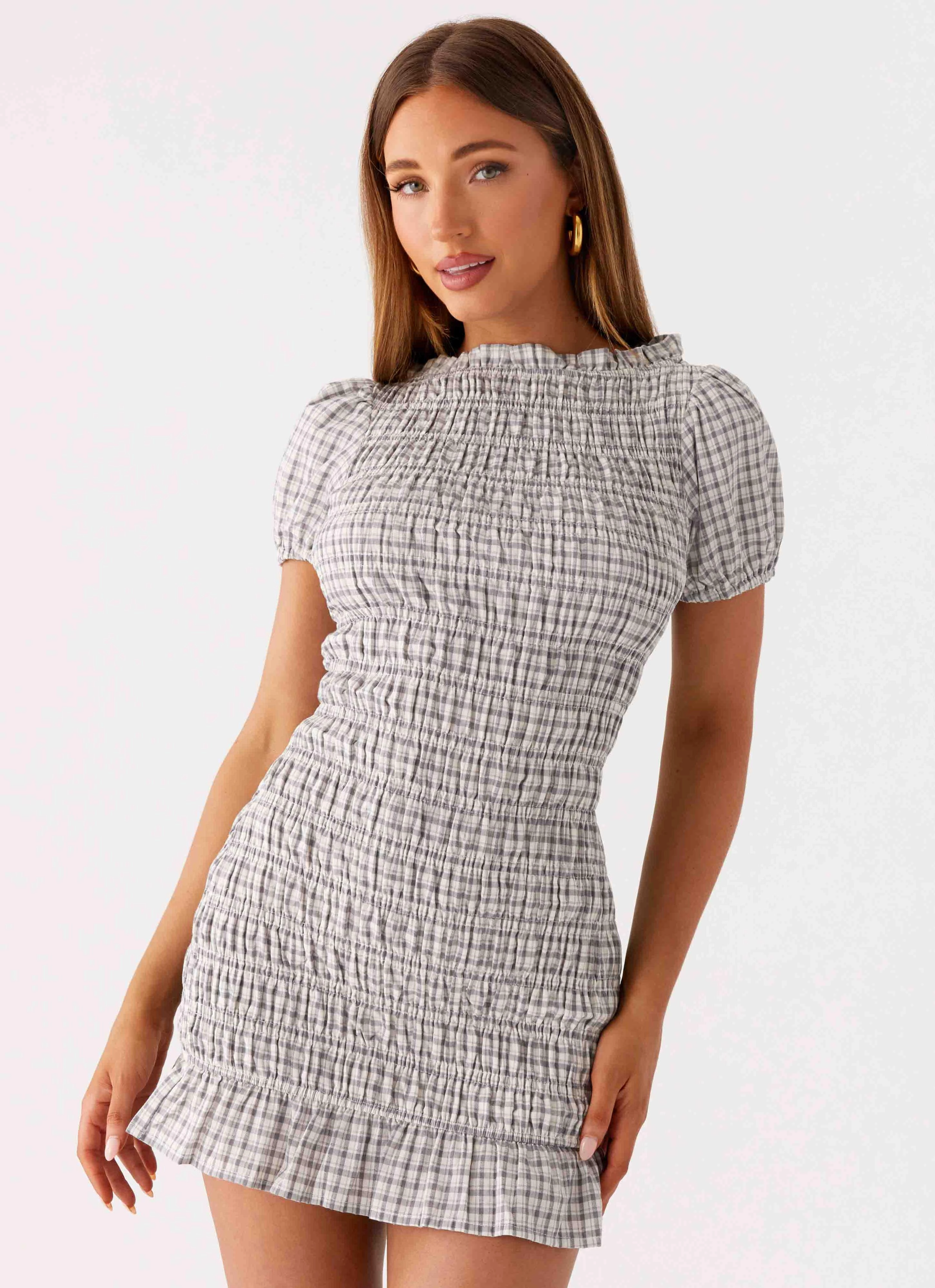 WaterRepellentCoating Millicent Ruched Mini Dress - Grey Check
