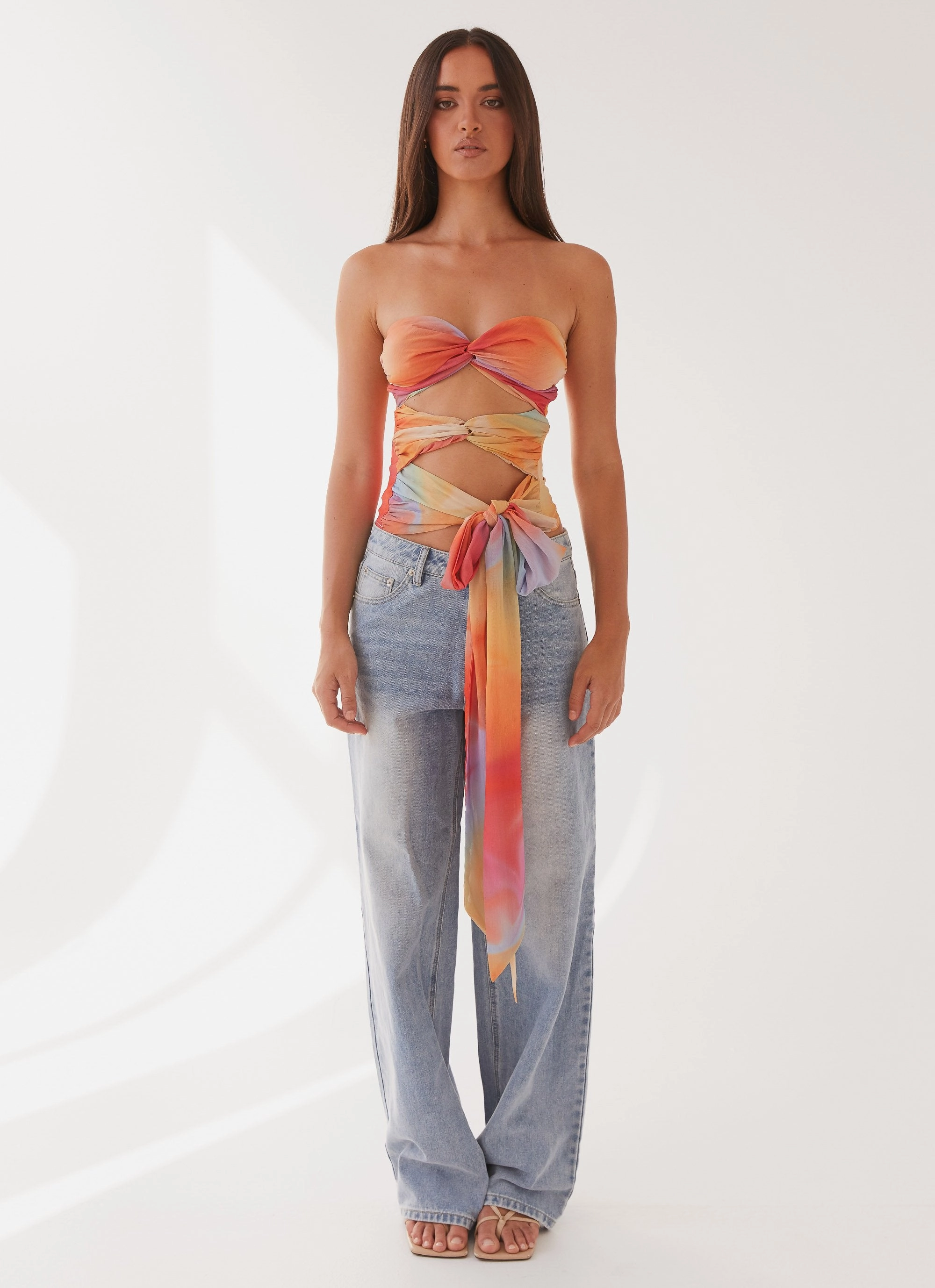 Knit Fabric Technology Button Down Collar Style Sunlight Cascade Top - Rainbow Radiance