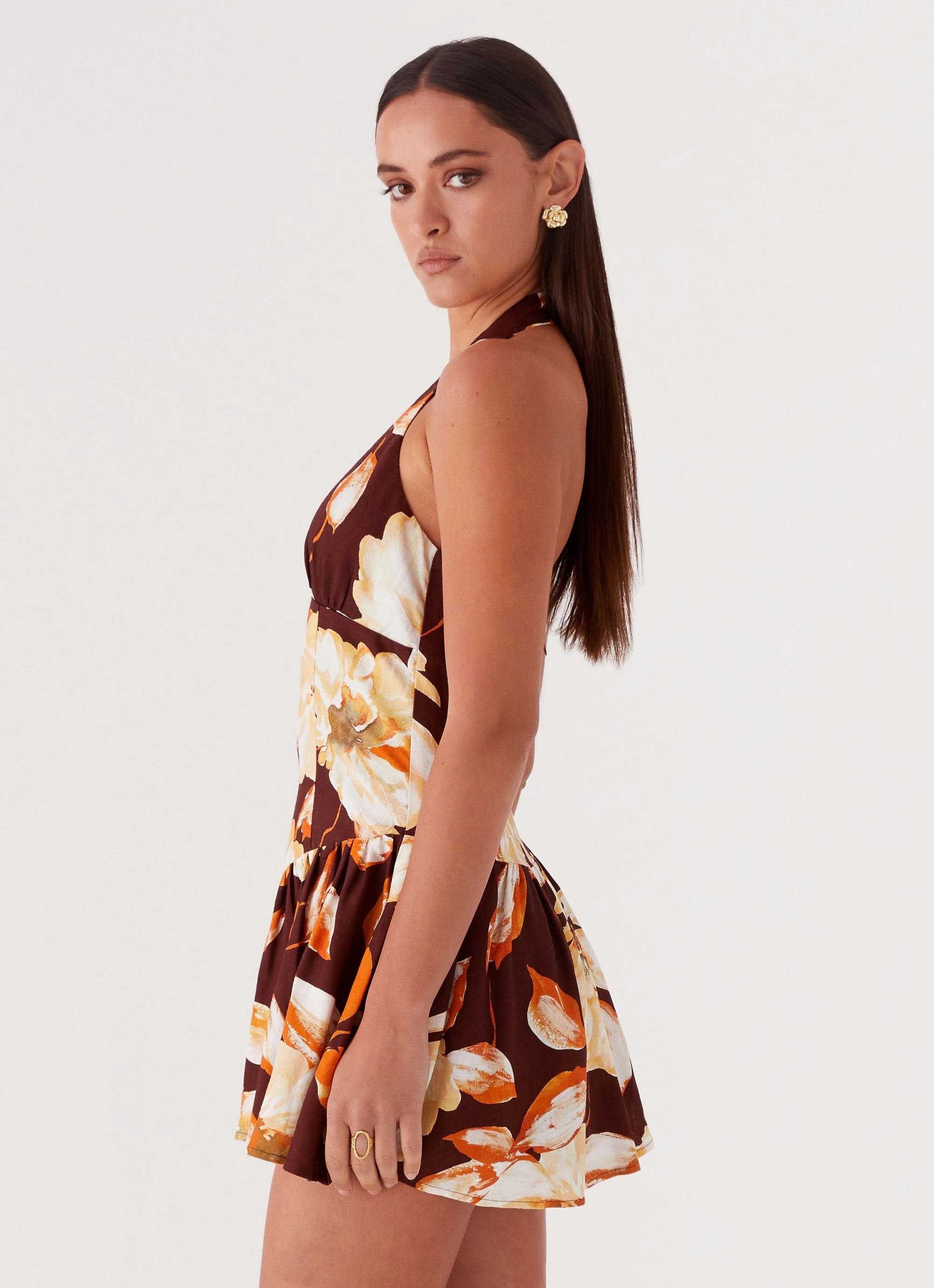 Sunset Ballad Linen Mini Dress - Brown Floral Timeless-Classic