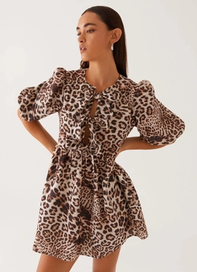 Refined Cut Casual Style Western Wind Tie Mini Dress - Leopard