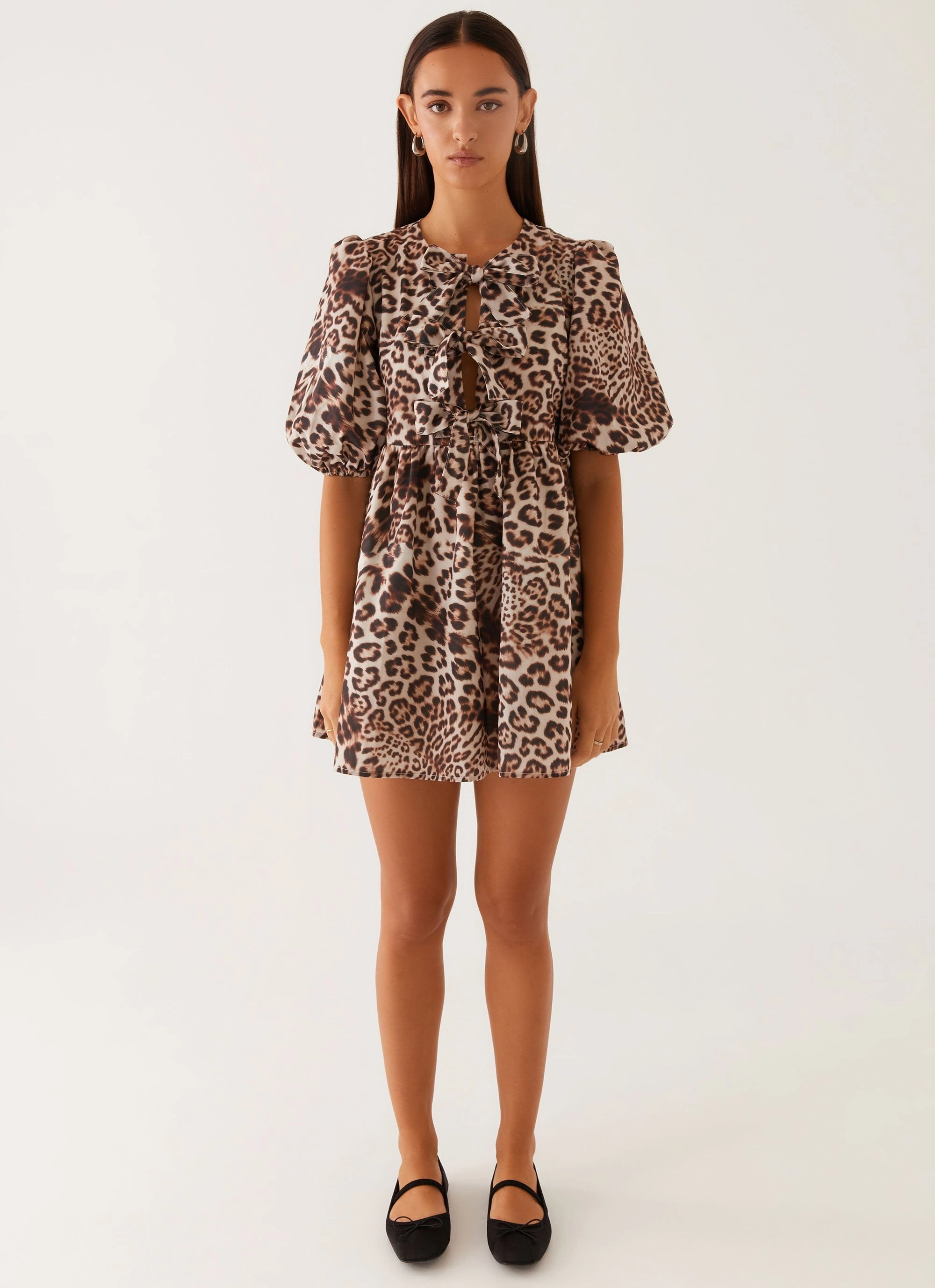 Western Wind Tie Mini Dress - Leopard Soft Stitch Work Look