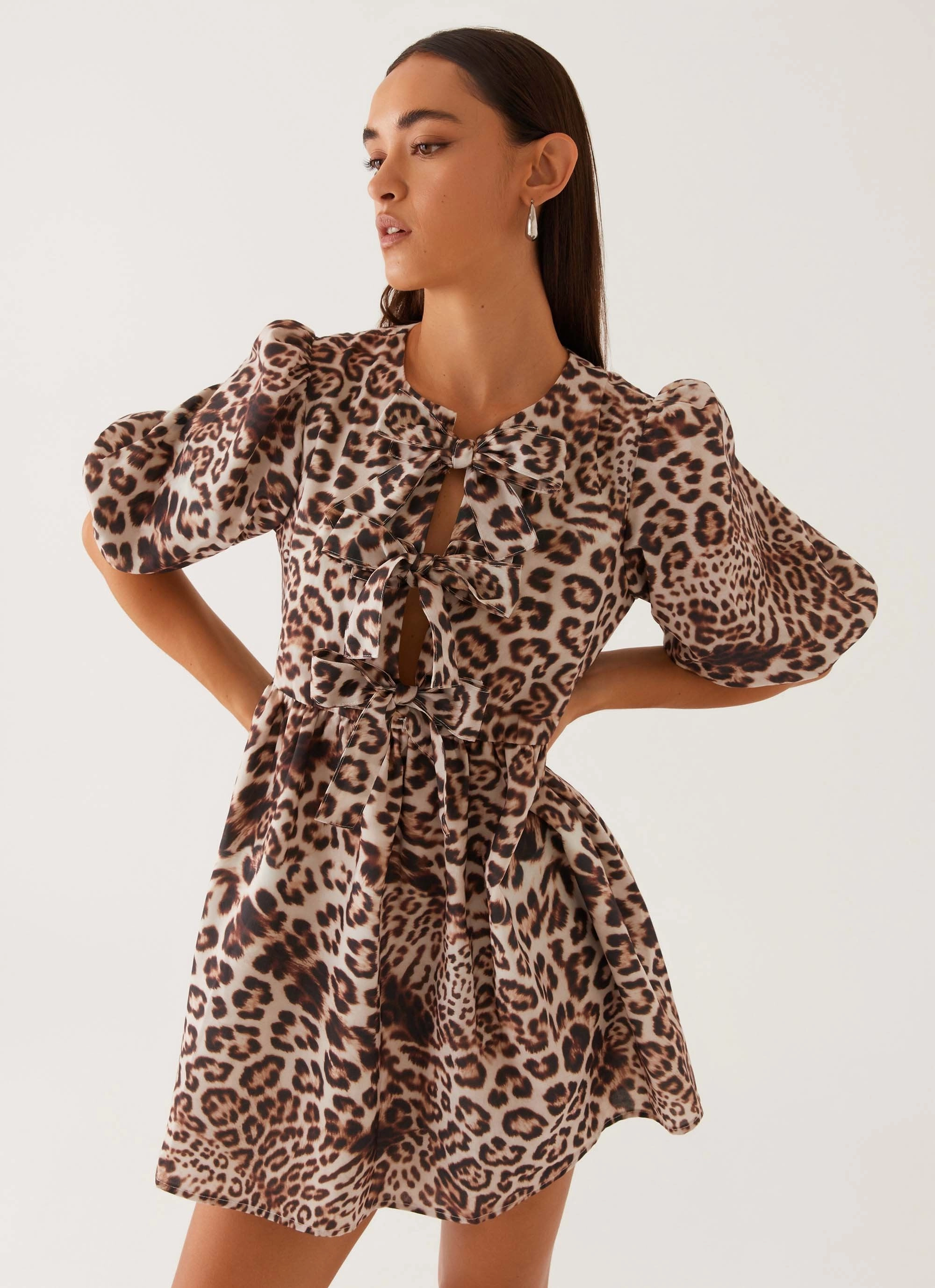 Refined Cut Casual Style Western Wind Tie Mini Dress - Leopard