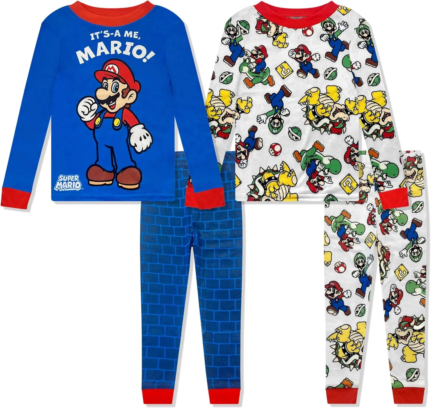 Super Mario 4 Piece Pajama Set - Toddler Girls PJ Set with Long Sleeve Shirt & Pants - Kids Sleepwear Set - Official License