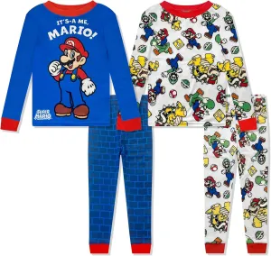 Super Mario 4 Piece Pajama Set - Toddler Girls PJ Set with Long Sleeve Shirt & Pants - Kids Sleepwear Set - Official License