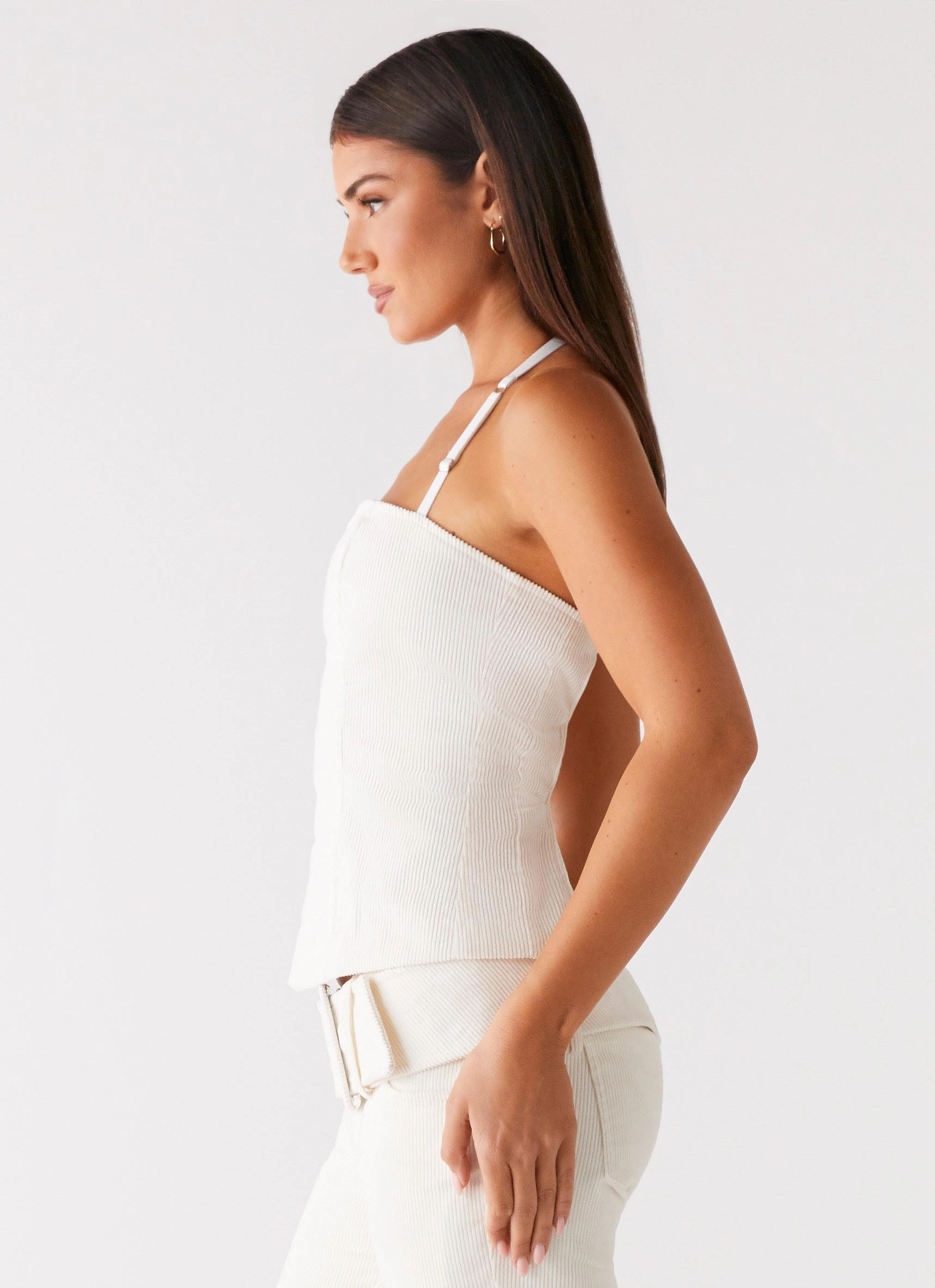Maya Backless Top - Pearl Double Faced Jersey Knit Compression Fit