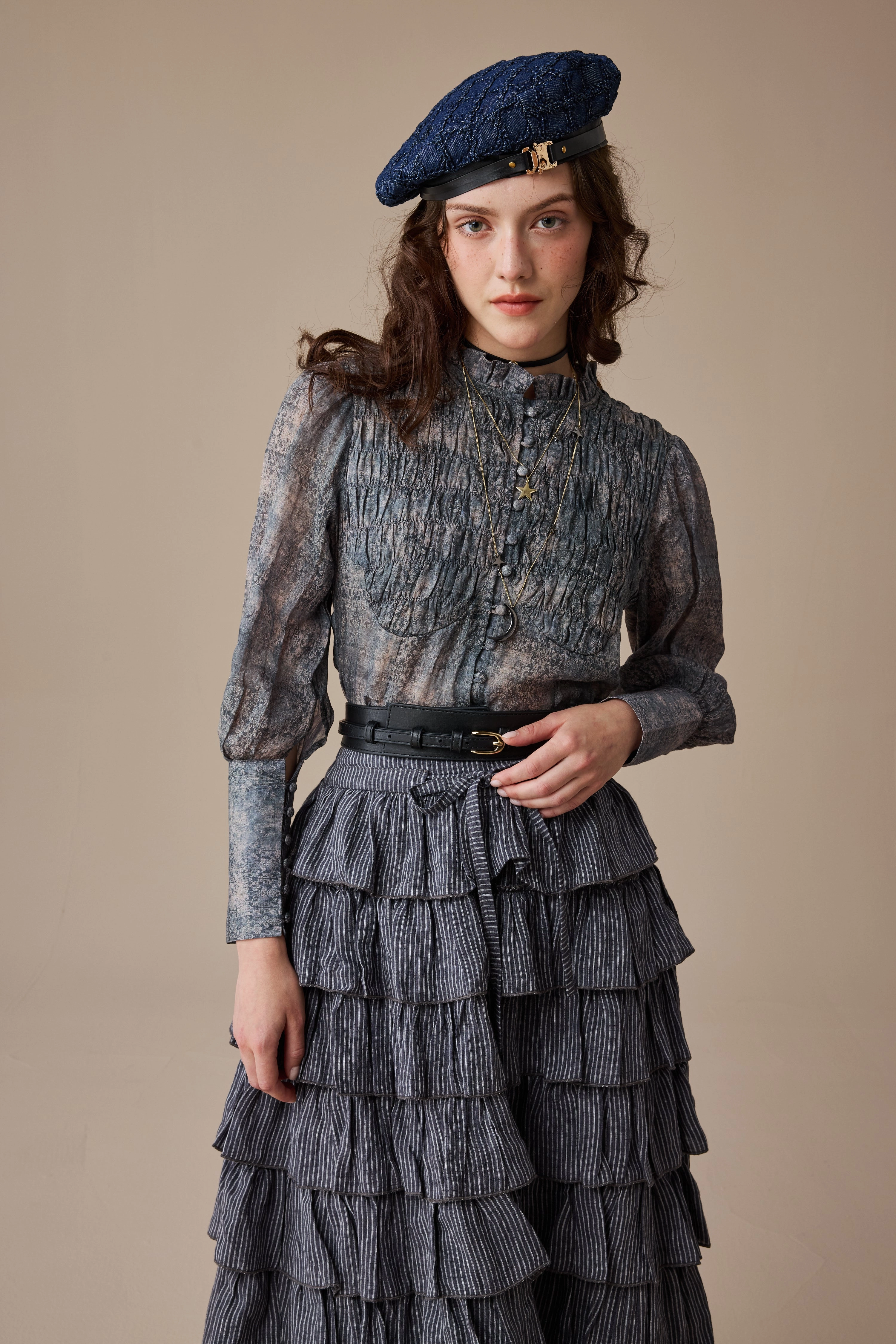 Clove 9 | smocked longsleeved linen blouse Neutral Tone Stitching