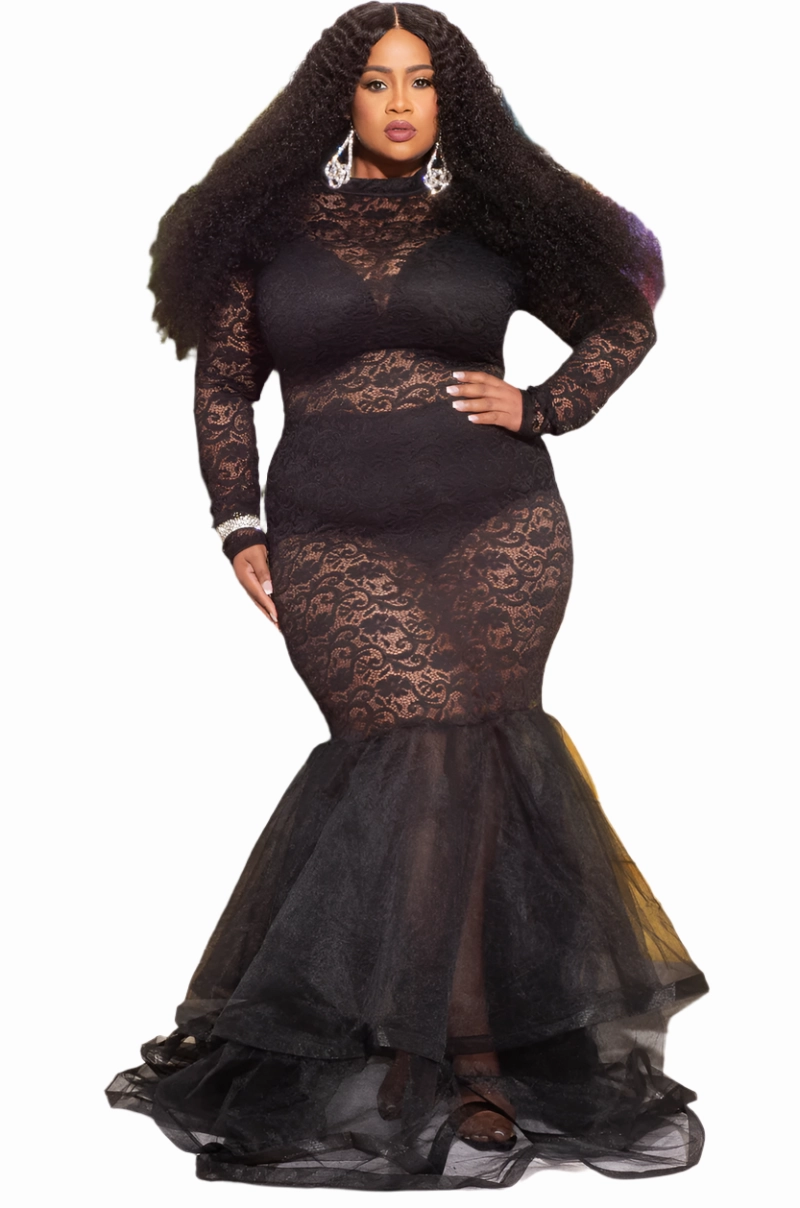 NonRestrictive Non Restrictive Collar Final Sale Plus Size Full Length Lace Mermaid Gown with Tulle in Black
