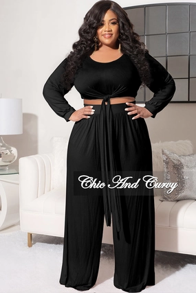 Water Repellent Coating Anti Snag Fabric Final Sale Plus Size 2pc Long Sleeve Tie Top and Pants Set in Black