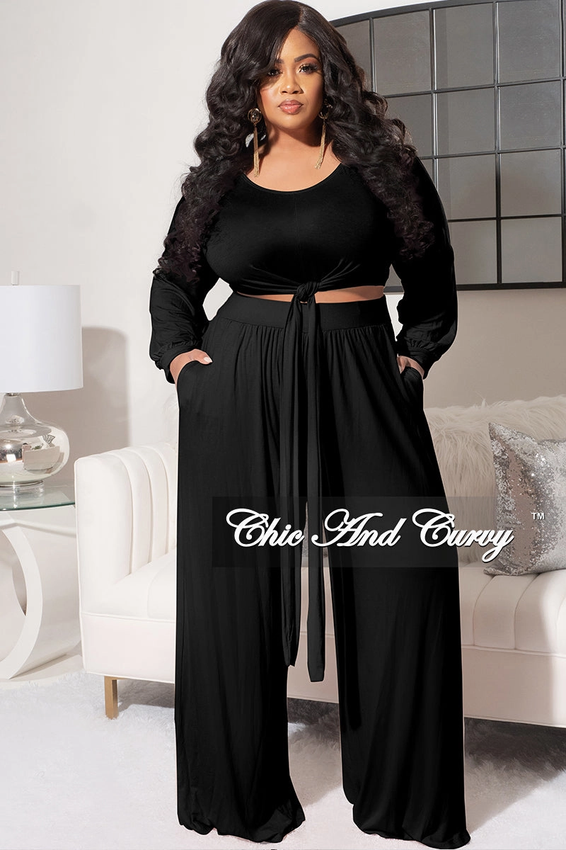 Essential Waist Final Sale Plus Size 2pc Long Sleeve Tie Top and Pants Set in Black