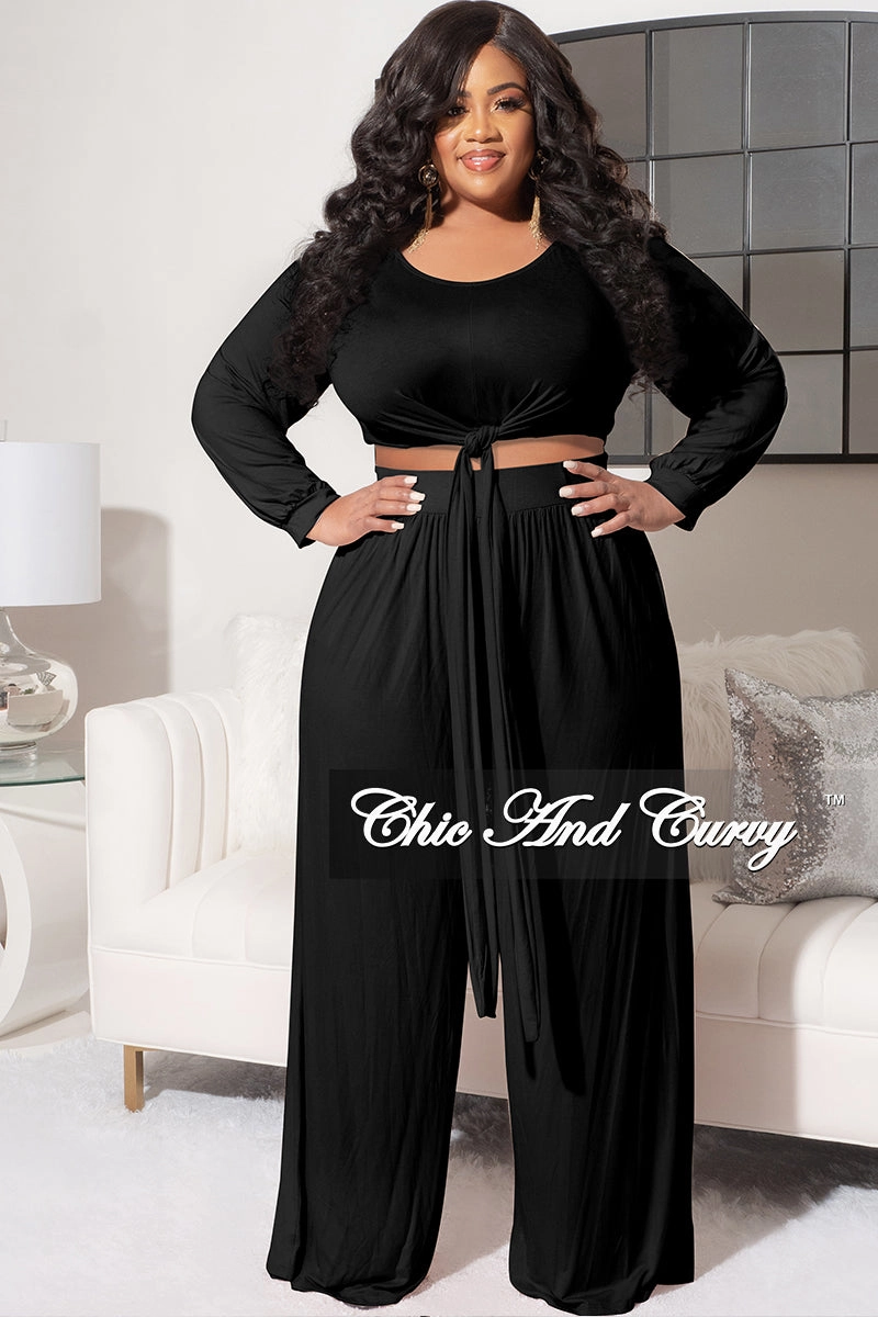 Water Repellent Coating Anti Snag Fabric Final Sale Plus Size 2pc Long Sleeve Tie Top and Pants Set in Black
