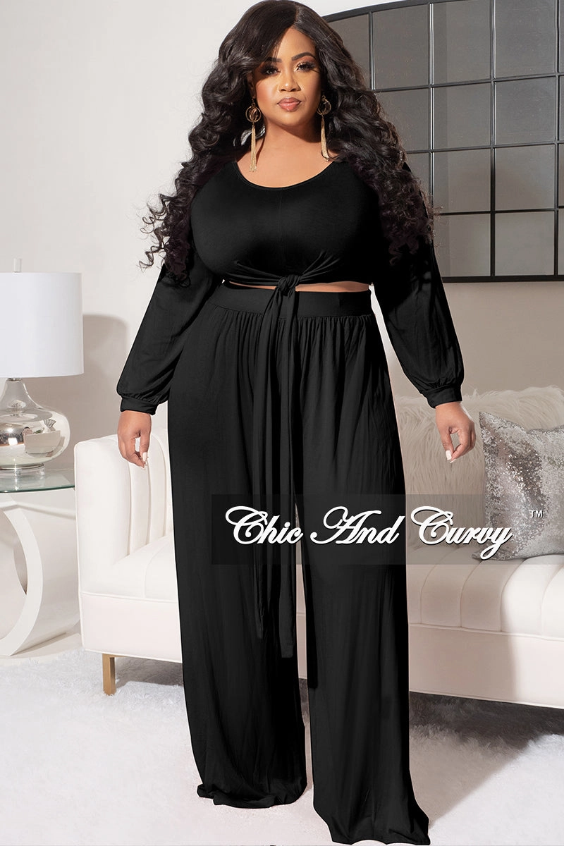 Final Sale Plus Size 2pc Long Sleeve Tie Top and Pants Set in Black HighWaistSupport