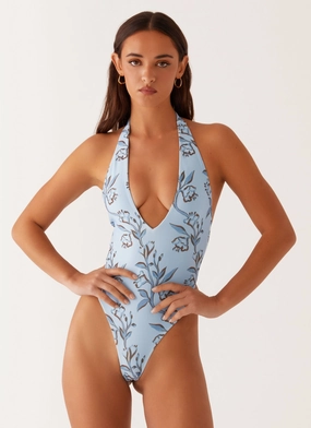 Delia One Piece Swimsuit - Blue Floral Print Easy Movement
