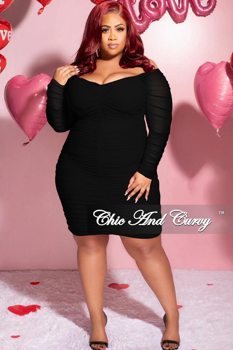 Final Sale Plus Size Ruched Off The Shoulder Mini Dress in Black Mesh Fashionable Style Snag Resistant Surface