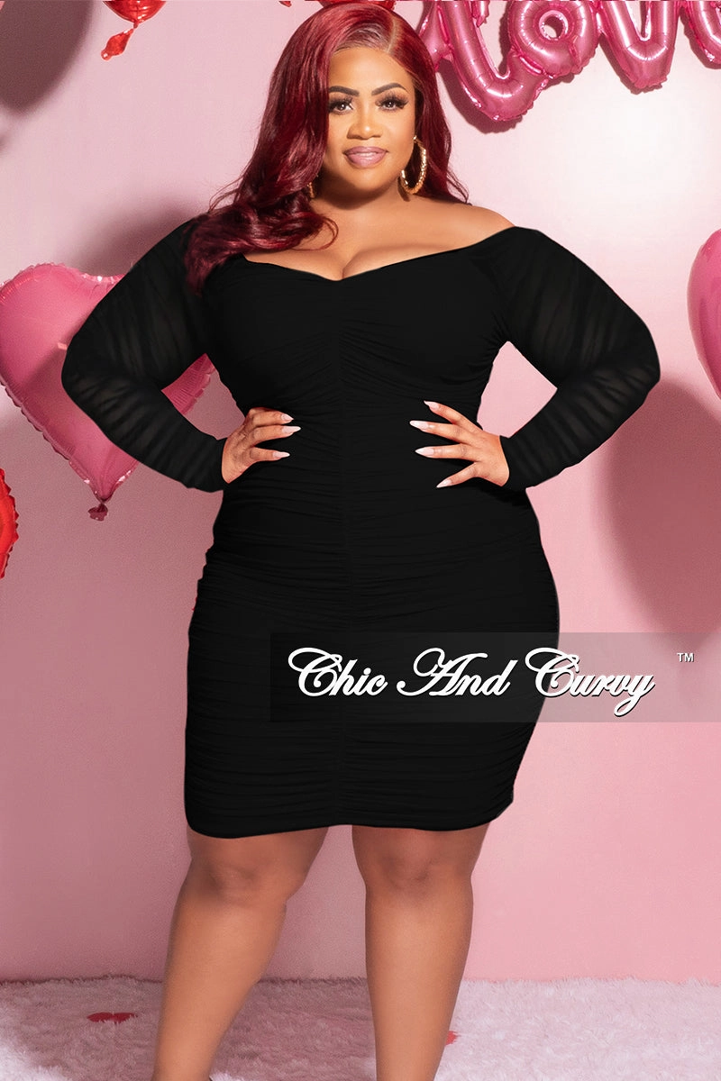 Final Sale Plus Size Ruched Off The Shoulder Mini Dress in Black Mesh Durable Chainstitch Recycled Polyester
