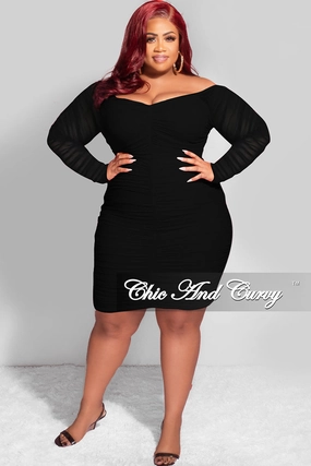 Final Sale Plus Size Ruched Off The Shoulder Mini Dress in Black Mesh AllDayComfort FourWay Stretch