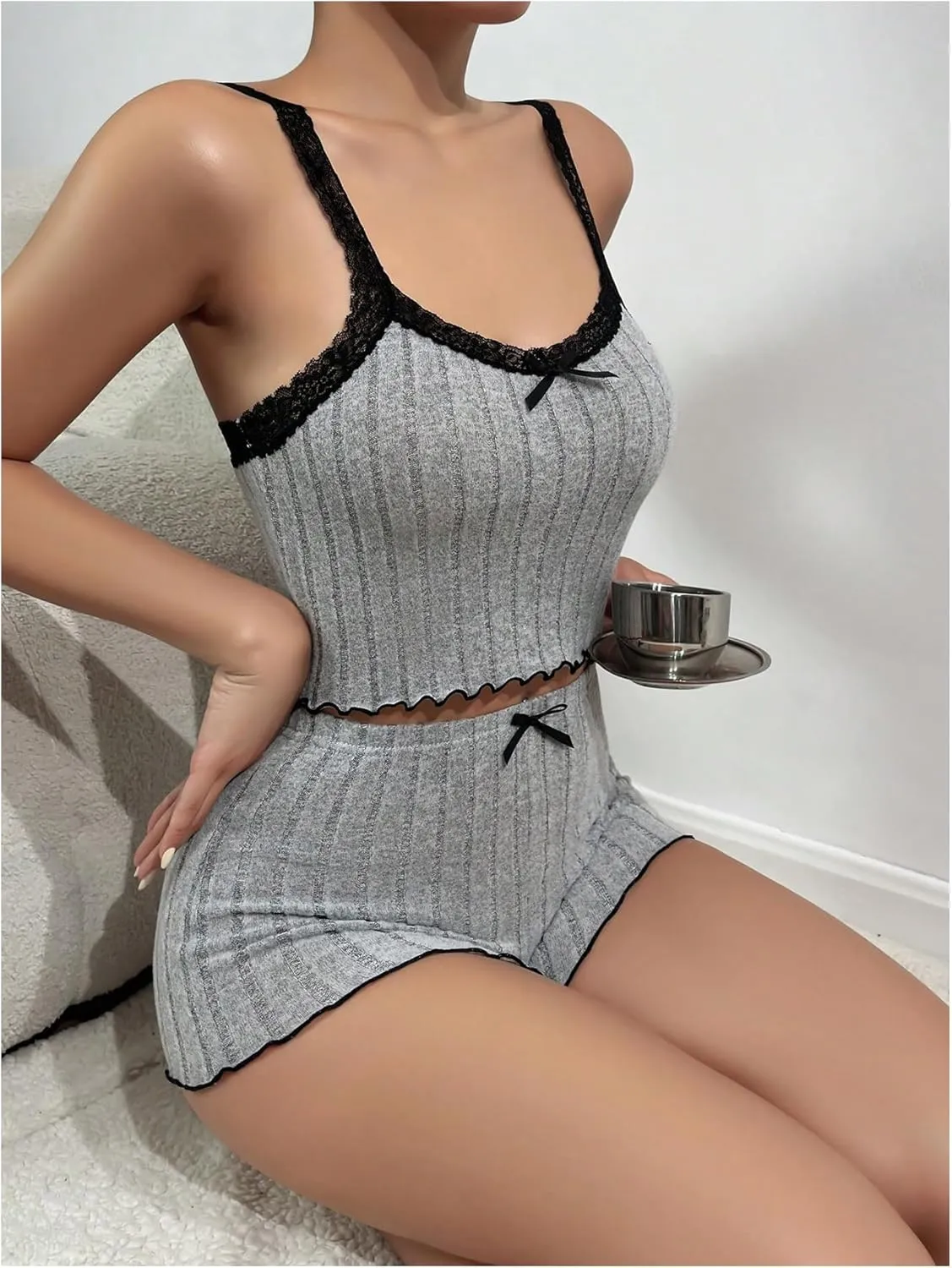 SweatyRocks Women's 2 Piece Lace Ribbed Knit Cami Top and Lettuce Trim Shorts Pajama Set Sleepwear Lounge Sets