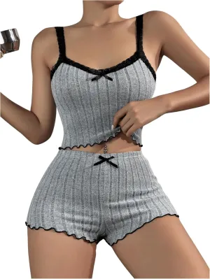 SweatyRocks Women's 2 Piece Lace Ribbed Knit Cami Top and Lettuce Trim Shorts Pajama Set Sleepwear Lounge Sets