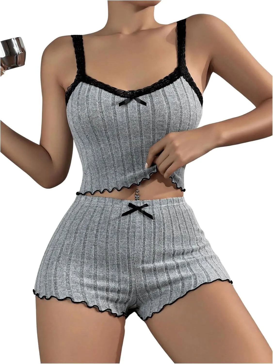 SweatyRocks Women's 2 Piece Lace Ribbed Knit Cami Top and Lettuce Trim Shorts Pajama Set Sleepwear Lounge Sets