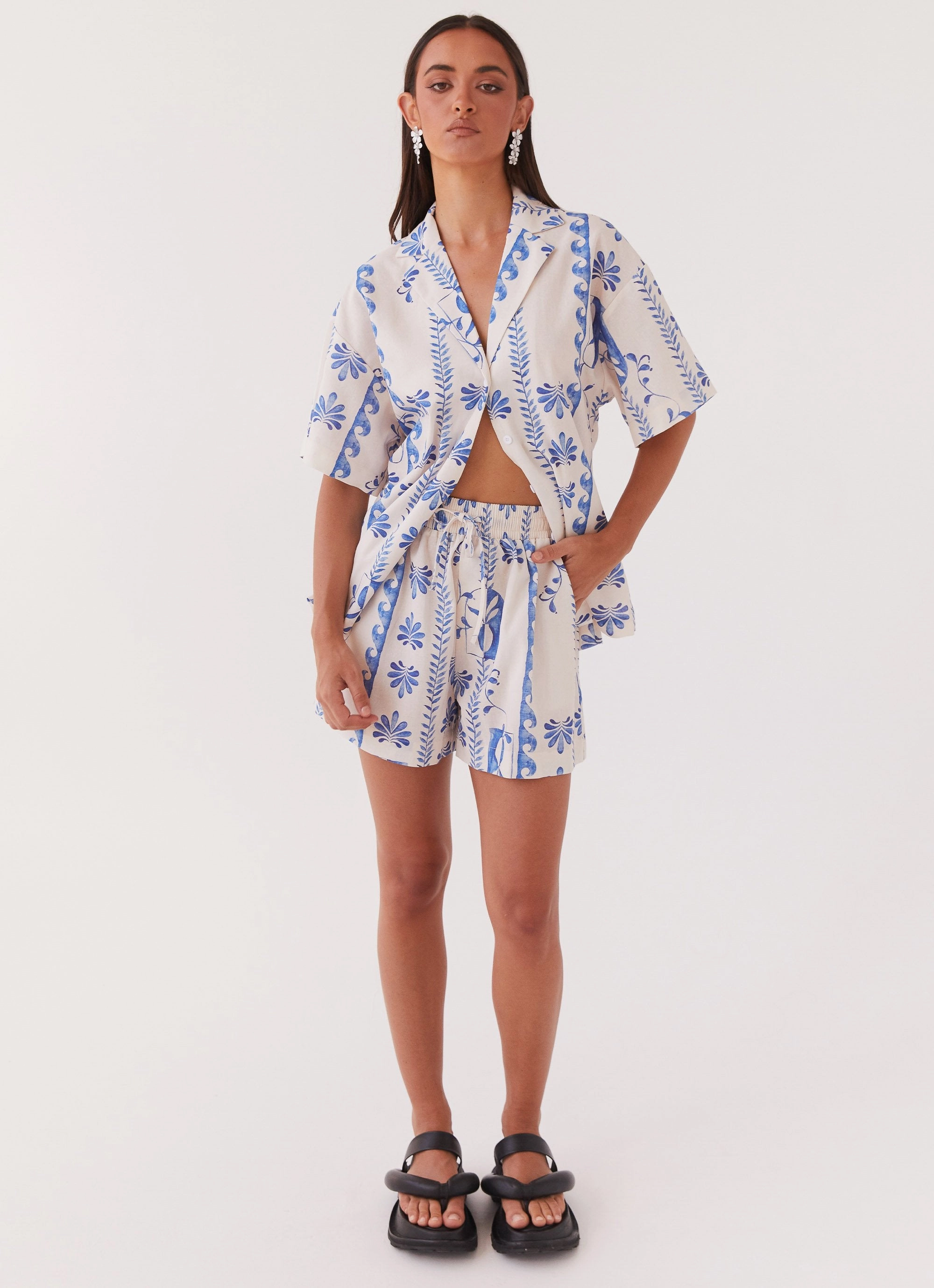 Wind Resistant Fabric Sweet Relief Linen Oversized Shirt - Floral Wave