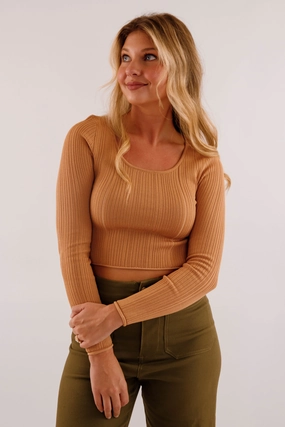 Slim Fit Design Grid Texture Fabric Sweet Sentiments Ribbed Top-Camel
